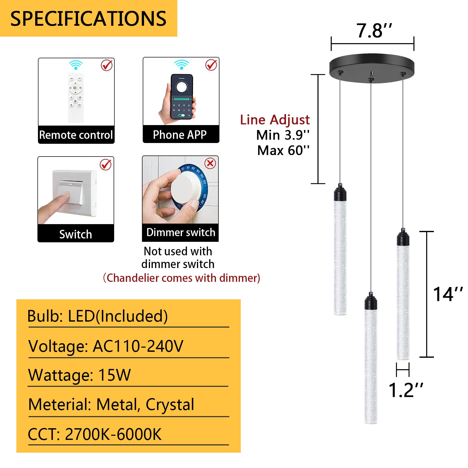 3 Light Black Pendant Lighting Mini Chandelier For Kitchen Island Modern Crystal Led Pendant Light Adjustable Dimmable Pendant L