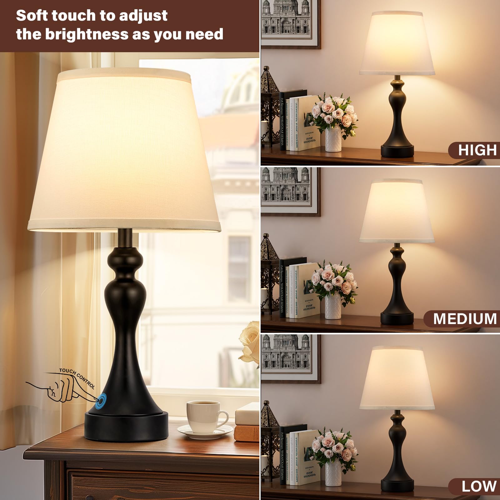Seealle Touch Lamps Set of 2 - 3 Way Dimmable, USB C+A, F. White Shade & Black Base, Model 07025 for Nightstand & Bedroom