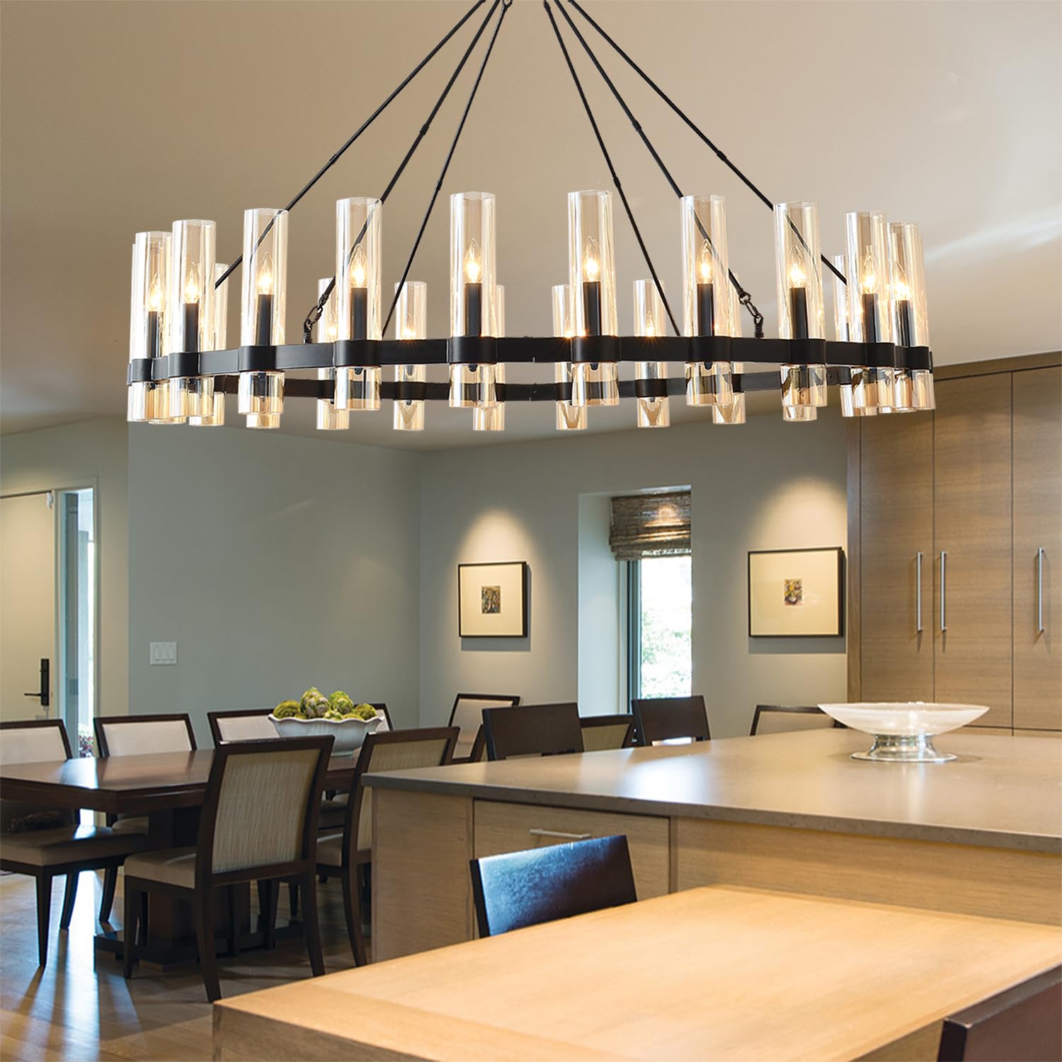 JKLX 60 Inch Black Wagon Wheel Chandelier, 24 Lights, Brown Glass Shade for Dining Room, Kitchen, Foyer, Living Room