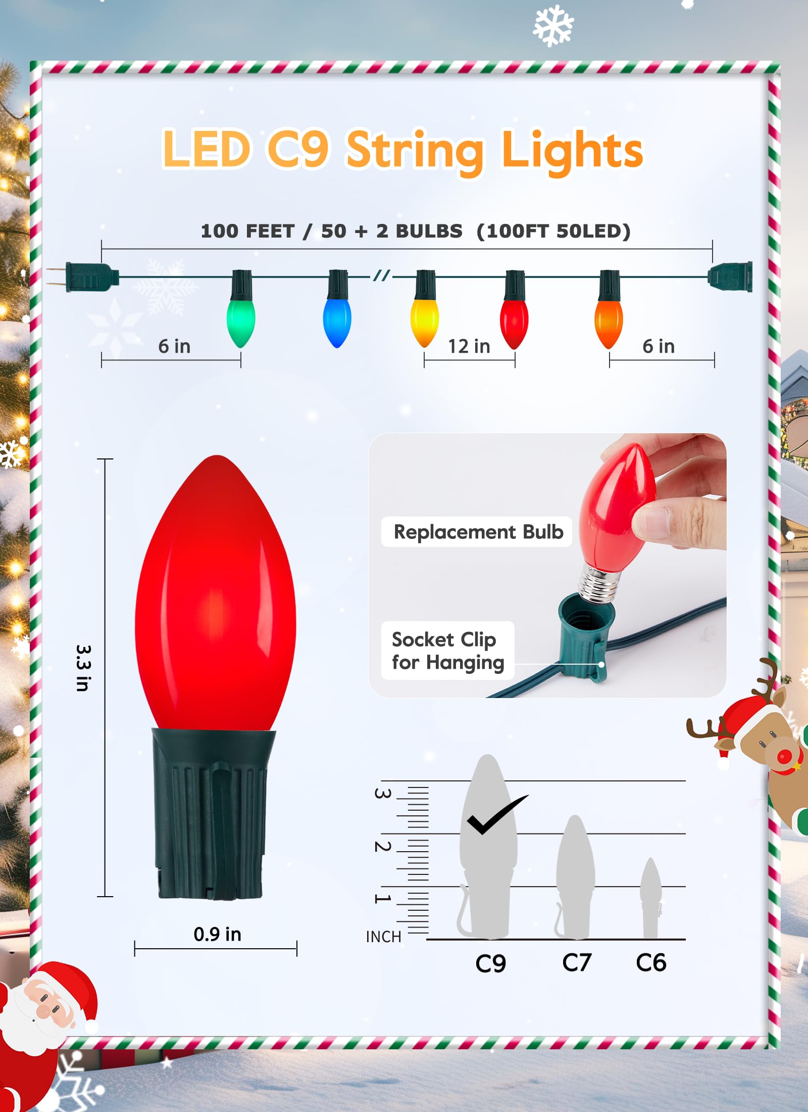 Vintage C9 Led Christmas Lights Outdoor  100 Feet C9 String Lights With 50 Shatterproof C9 Bulbs  Waterproof Connectable Christmas Tree Lights For Outside Roofline Patio Xmas Decorations  Multicolor