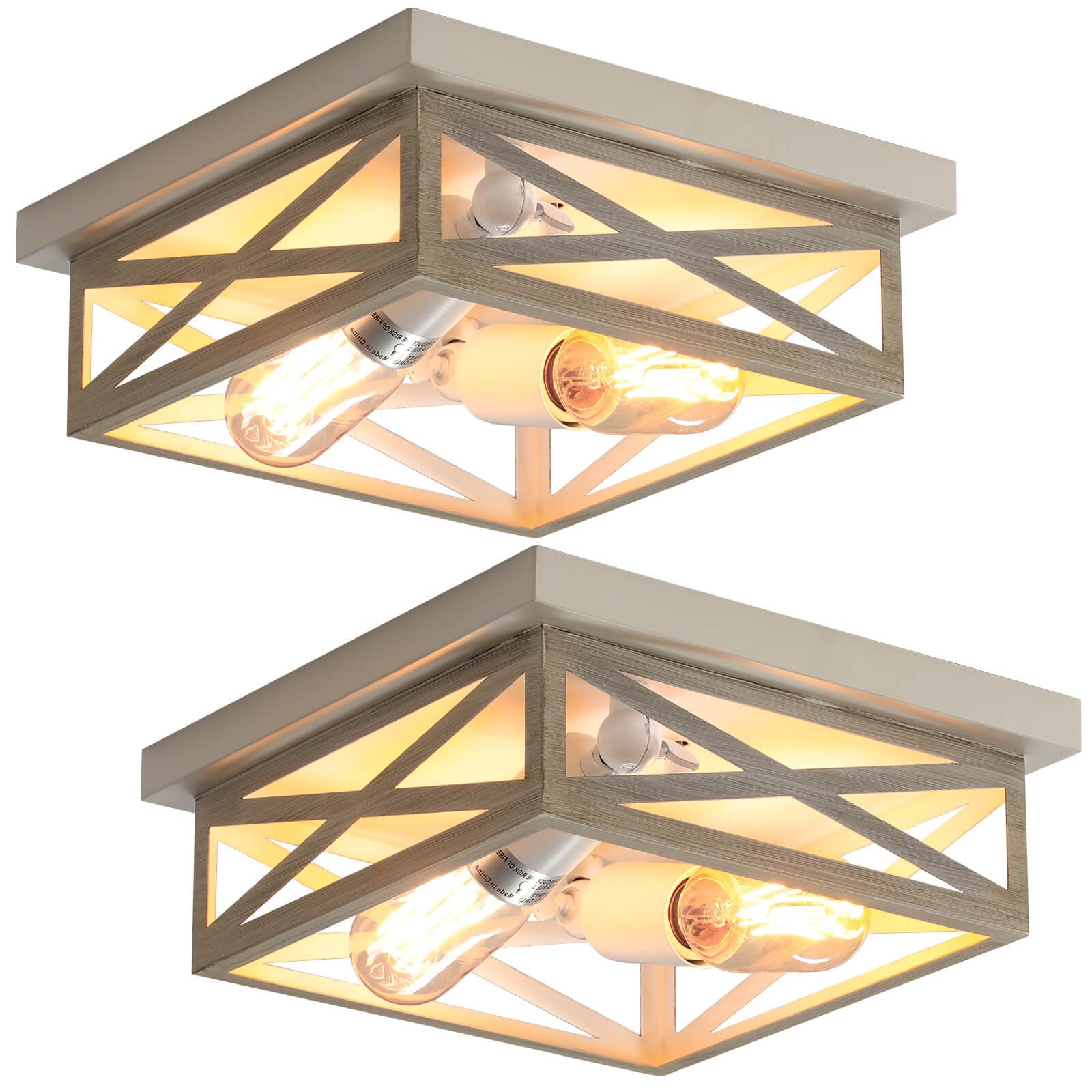 DIKAIDA 2 Pack White Flush Mount Ceiling Light, Farmhouse Ceiling Light Fixtures, 2-Light Rustic Metal Finish Industrial Kitchen