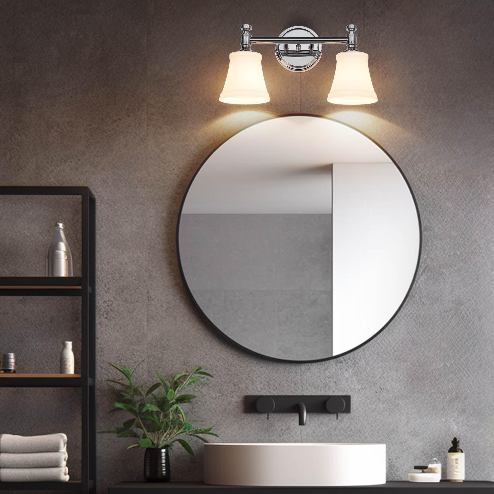Hanaloa Bathroom Vanity Light Fixtures, Traditional Chrome 2 Lights Wall Sconce Lighting With Opal Glass Shade, Porch Wall Mount Light Fixture For Bathroom, Mirror Cabinets Hallway Stairs