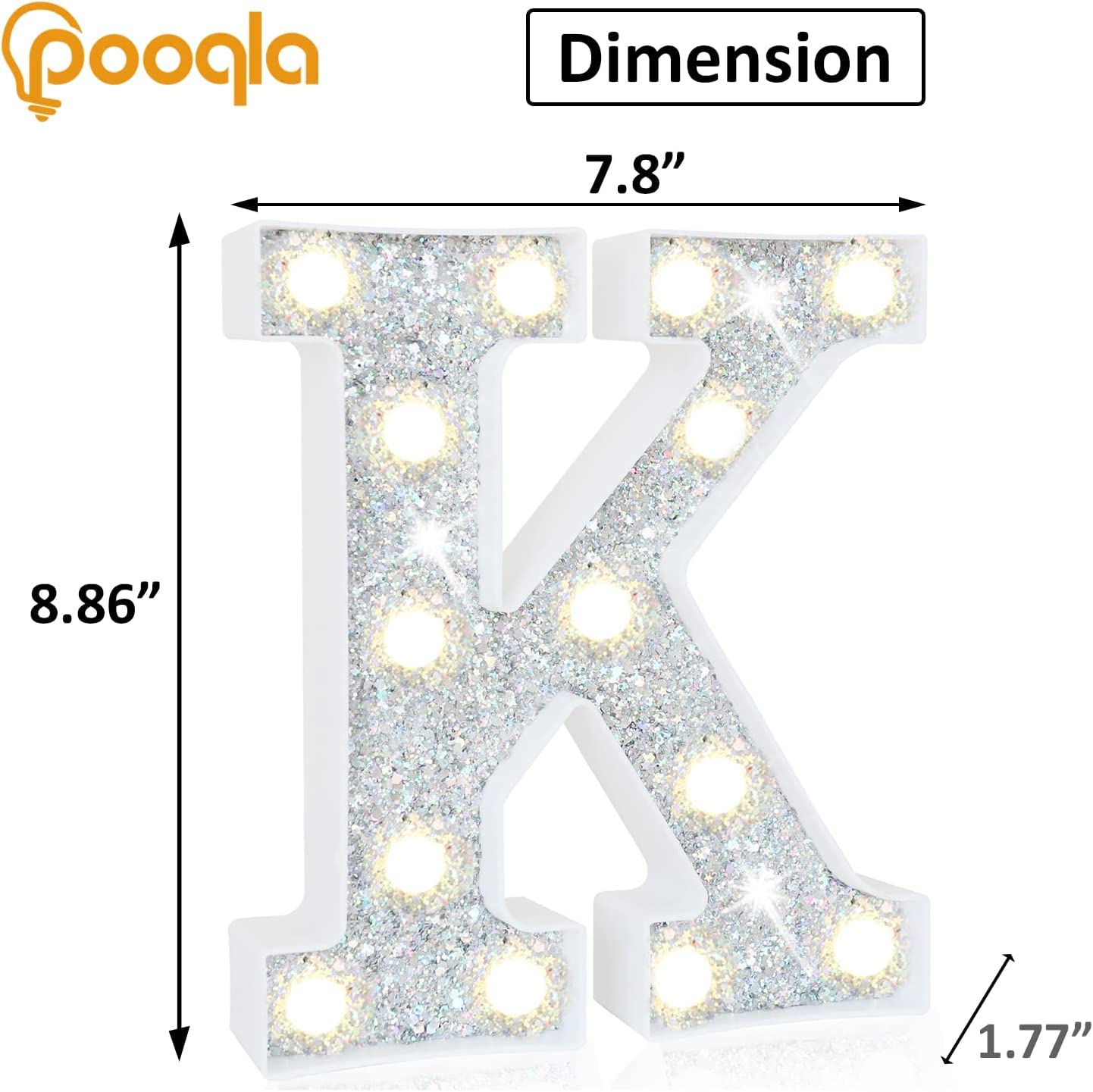 Pooqla LED Marquee Letter Lights, Colorful Battery Operated Sign, 16 Colors, Model S-RGB Silver, Letter K
