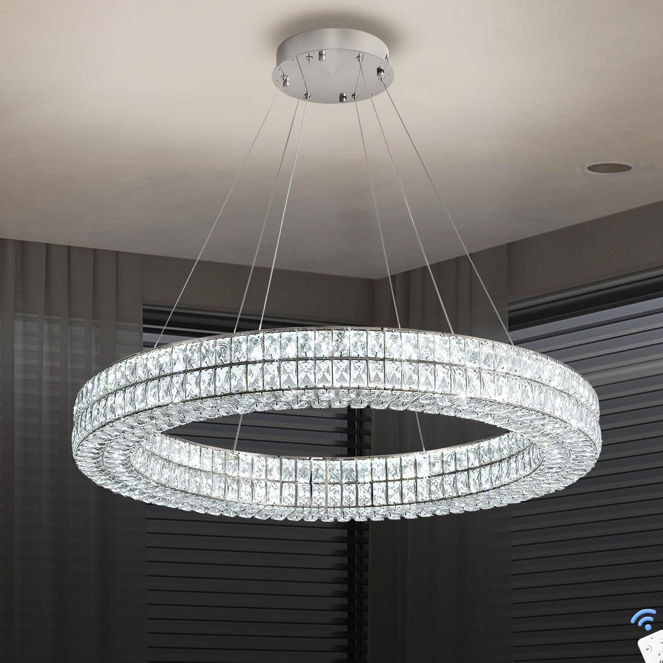 IDEQUY LED Round Ceiling Chandelier, 40in, Dimmable, Stainless Steel & Crystal, Modern Design, Black