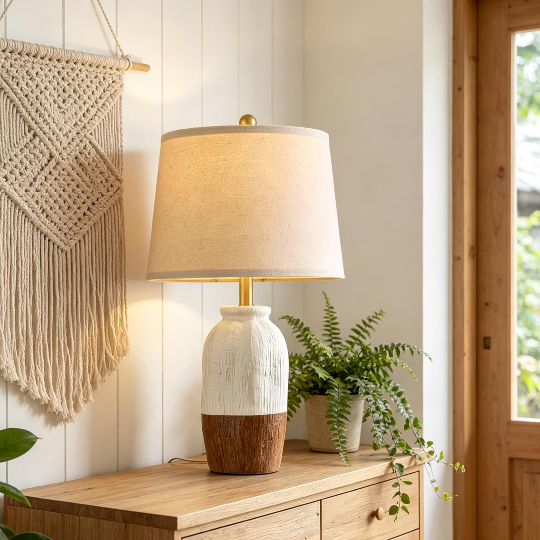 Vortether 22.5 Hand-Textured Vintage Ceramic Table Lamp, Single Rustic Farmhouse Bedside Lamp with Linen Shade, Boho Lamp for Be