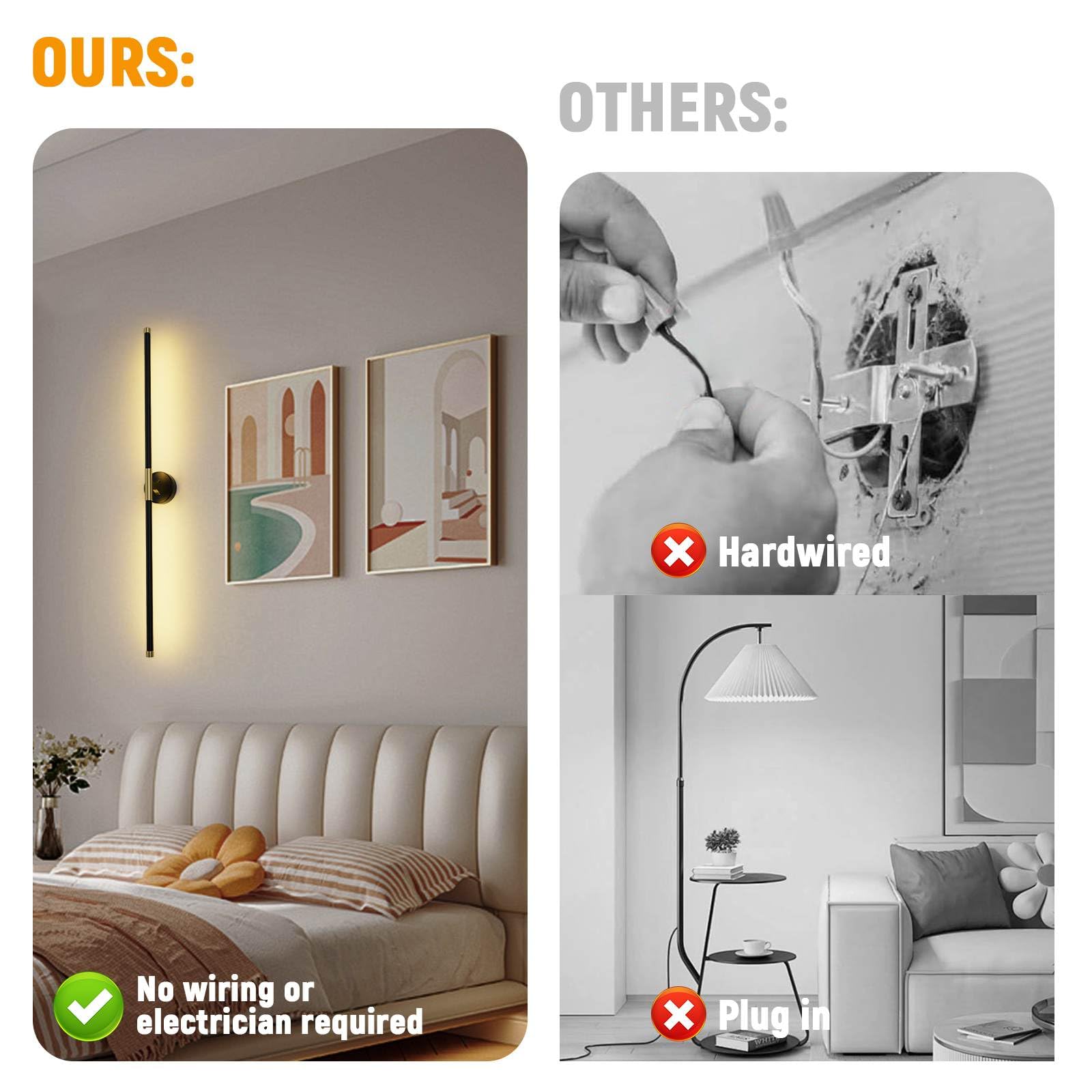 Neymlya Wall Sconces Set of 2, Battery Operated, Dimmable 3000K/4000K/6000K, Rechargeable, Metal, Black Gold,