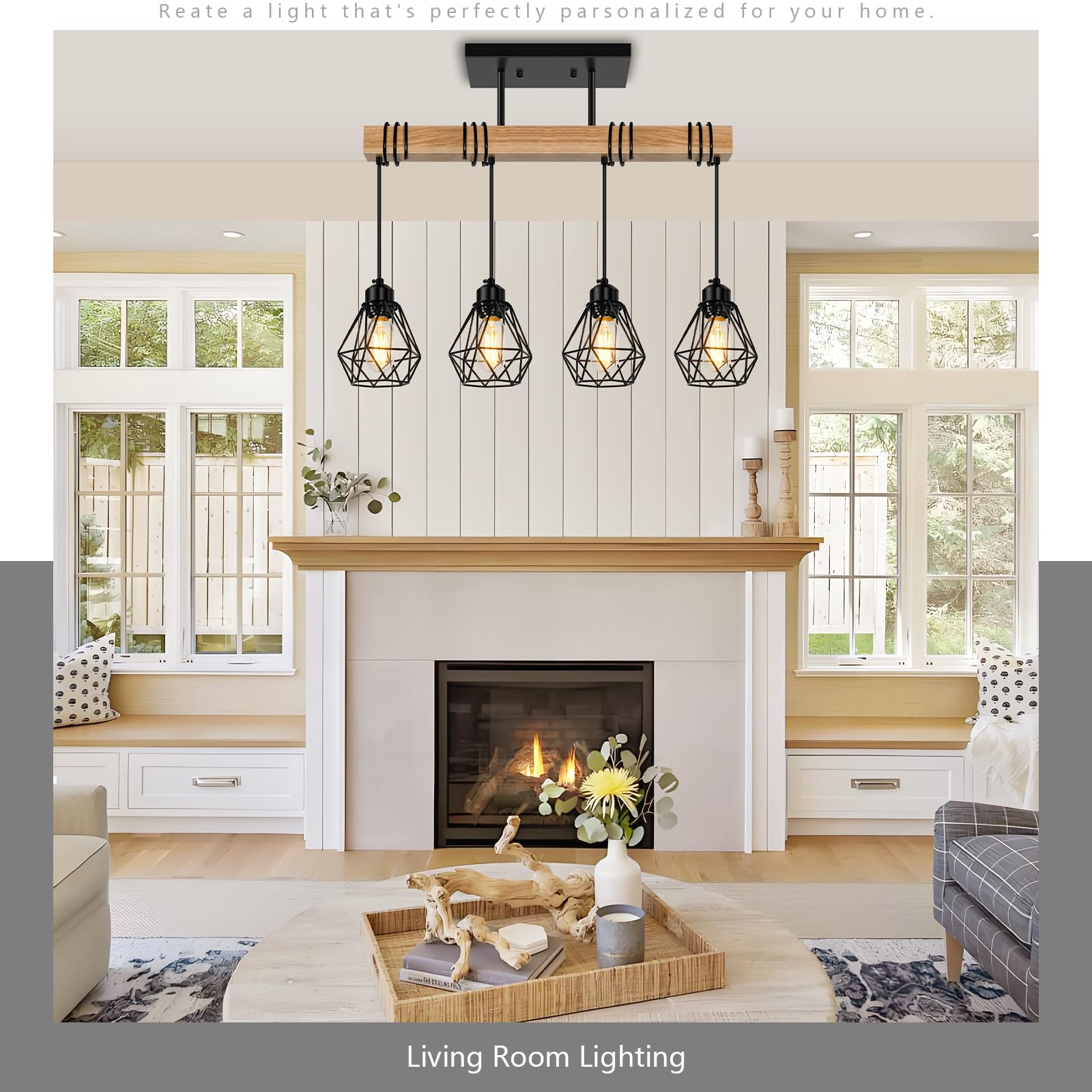 Feanron 4-Lights Farmhouse Wood Kitchen Island Lighting  23.6 Dining Room Light Fixtures Chandelier Over Table  Rustic Black Cage Pendant Lights Ceiling Hanging For Pool Table  Living Room  Hallway