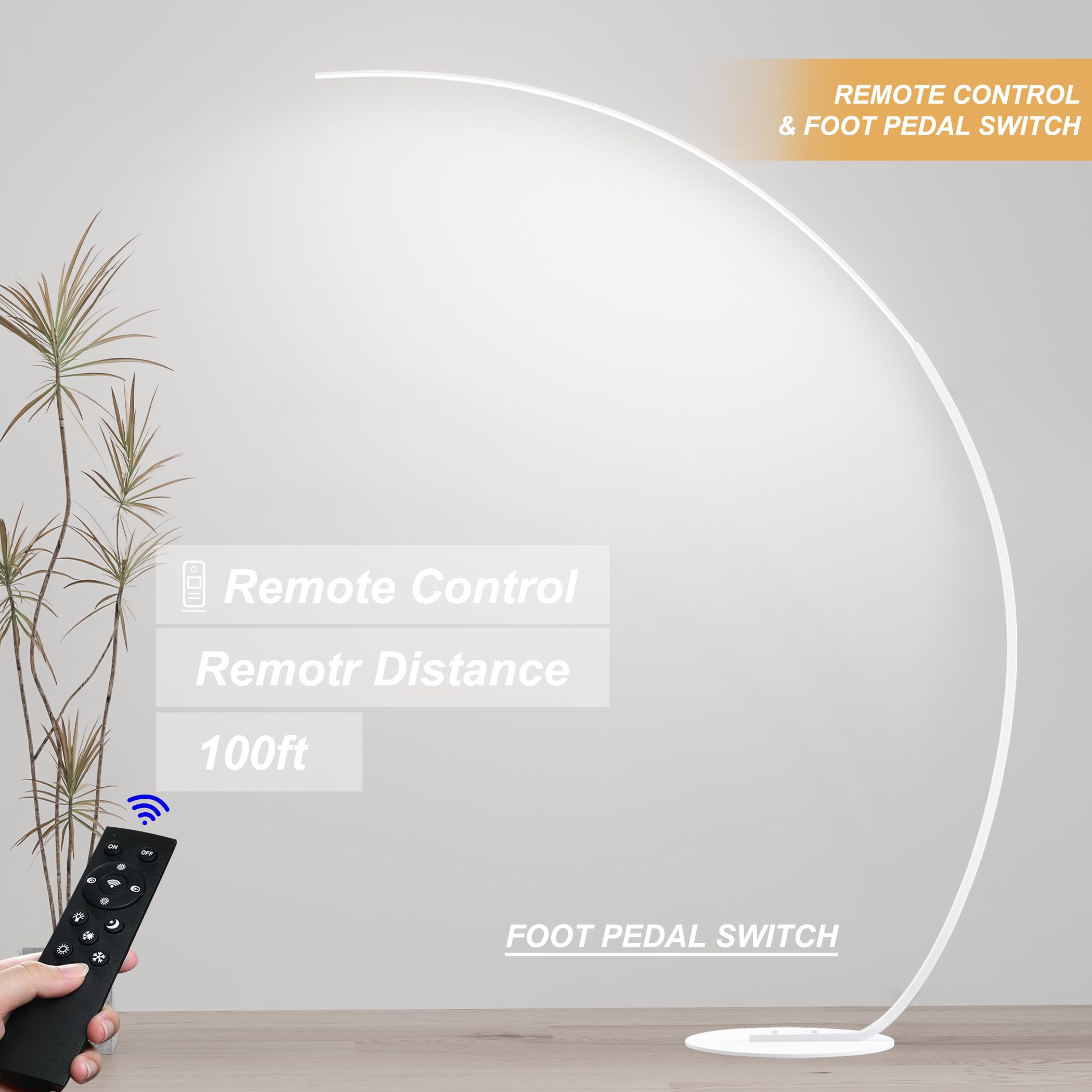 Adjustable White Light Modern 69.99 Inch Arched Standing Reading Floor Lamp With Remote - Dimmable White Led Curved Light For Be