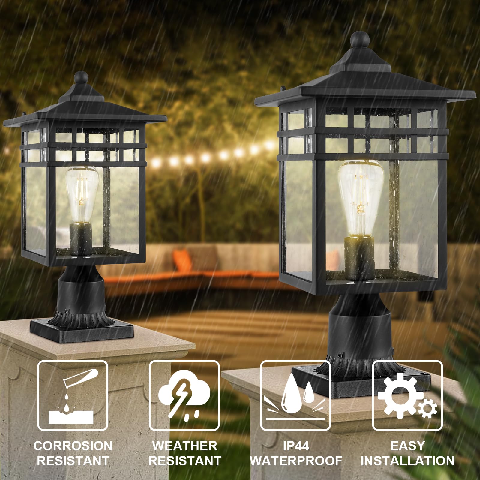 Diyel Outdoor Post Light Fixture, Large Exterior Pillar Lantern With Black Finish & Seeded Glass, 9 Inch Square Pier Mount Lamp For Garden, Backyard, Courtyard, Patio, Deck, Pathway, Walkway