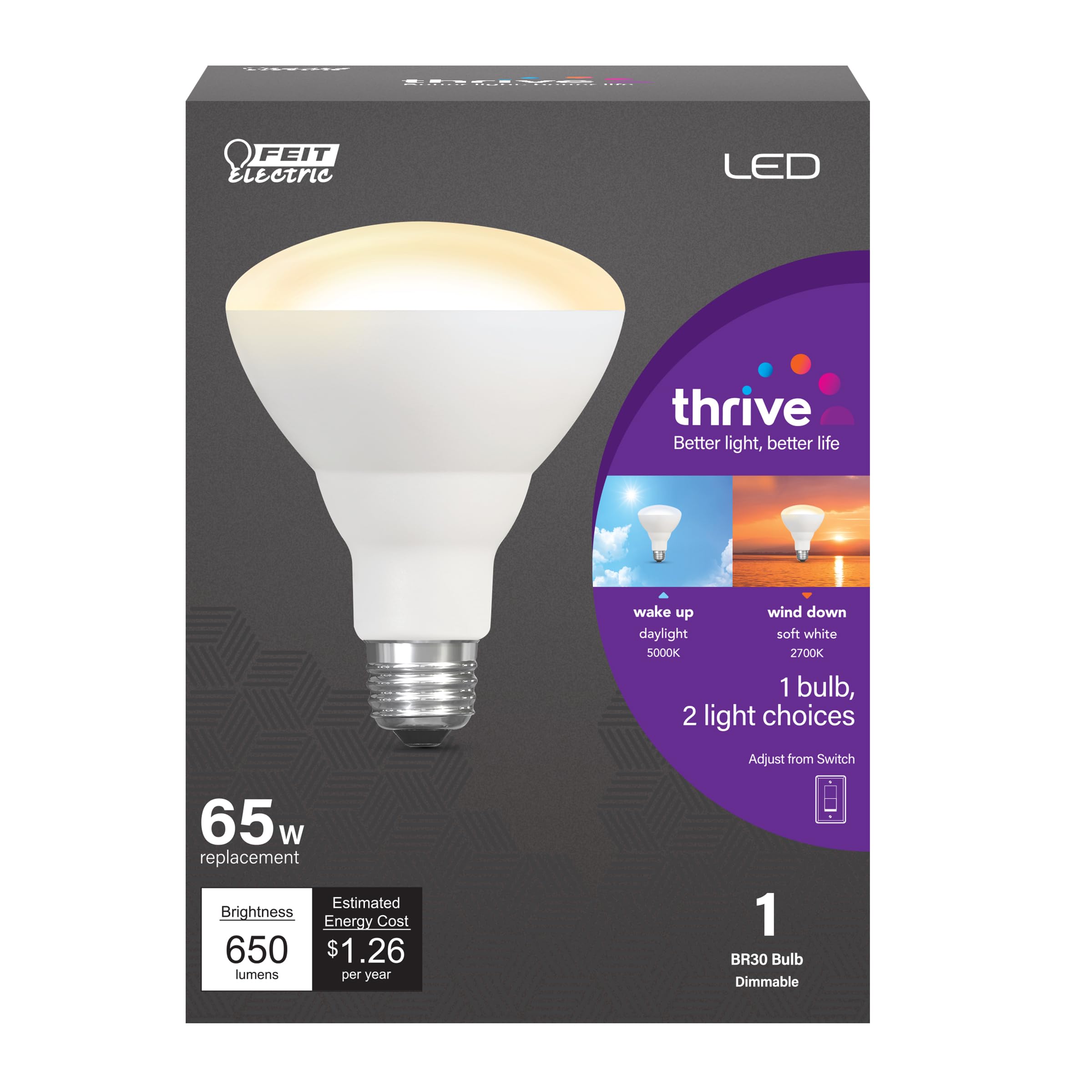 Feit Electric BR30 LED Light Bulb 65W Equivalent 650 Lumens 15 Year Life Soft White 2700K & Daylight 5000K Model BR30/HLTH/