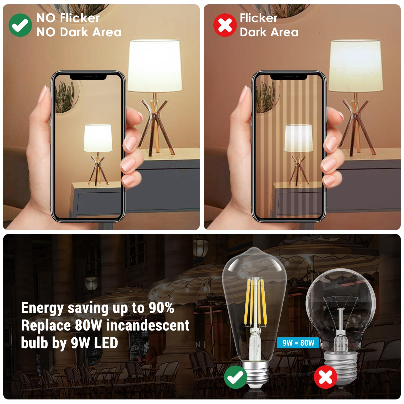 Dimmable Led Edison Bulbs 9W (80 Watt Equivalent) 1100 Lumens, 4000K Daylight White, St64 E26 Base Led Light Bulbs, Vintage Clea