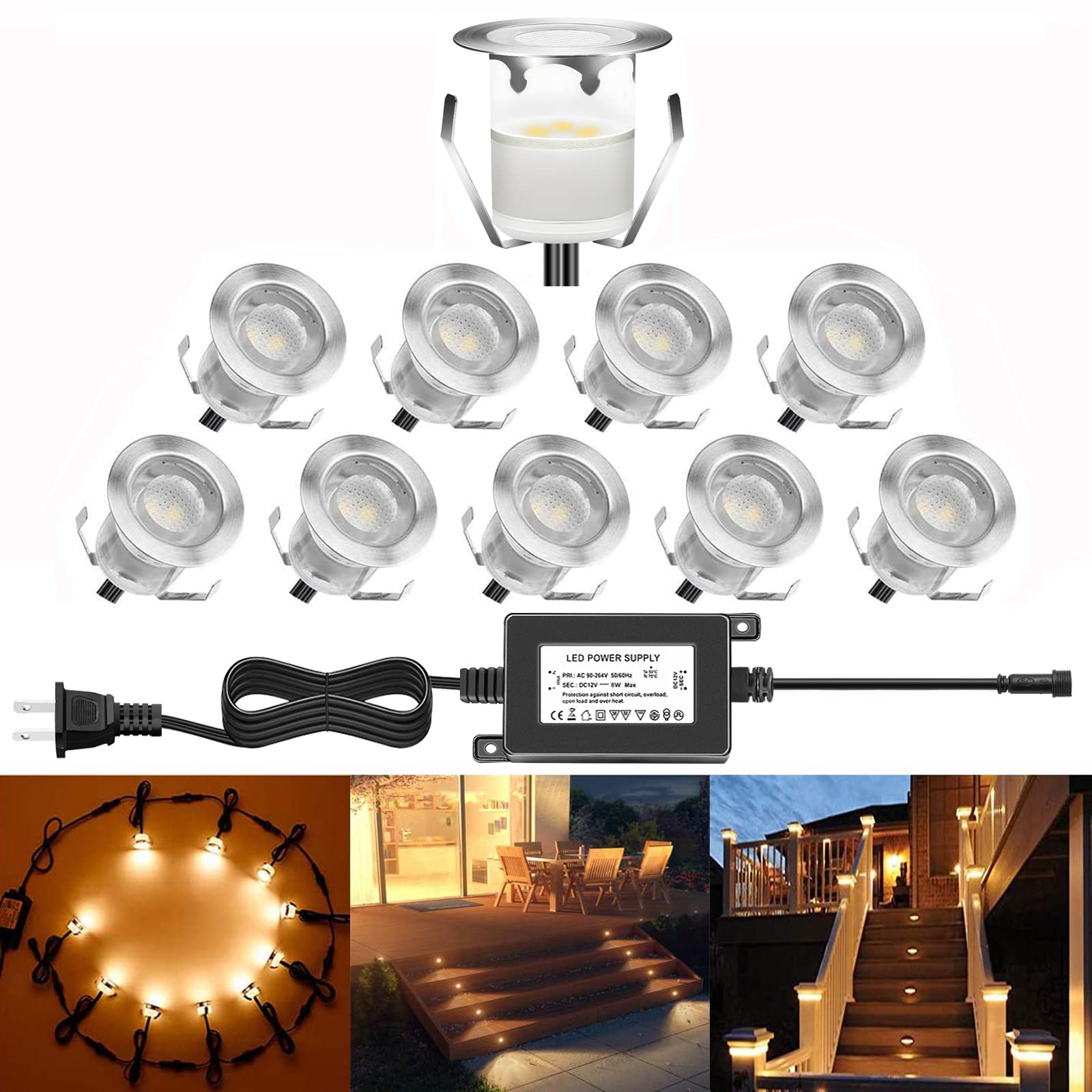 Qaca Low Voltage Led Deck Light Kit,Stainless Steel Waterproof Recessed Wood Decking Stairs Garden Yard Patio Decor Lamp Outdoor