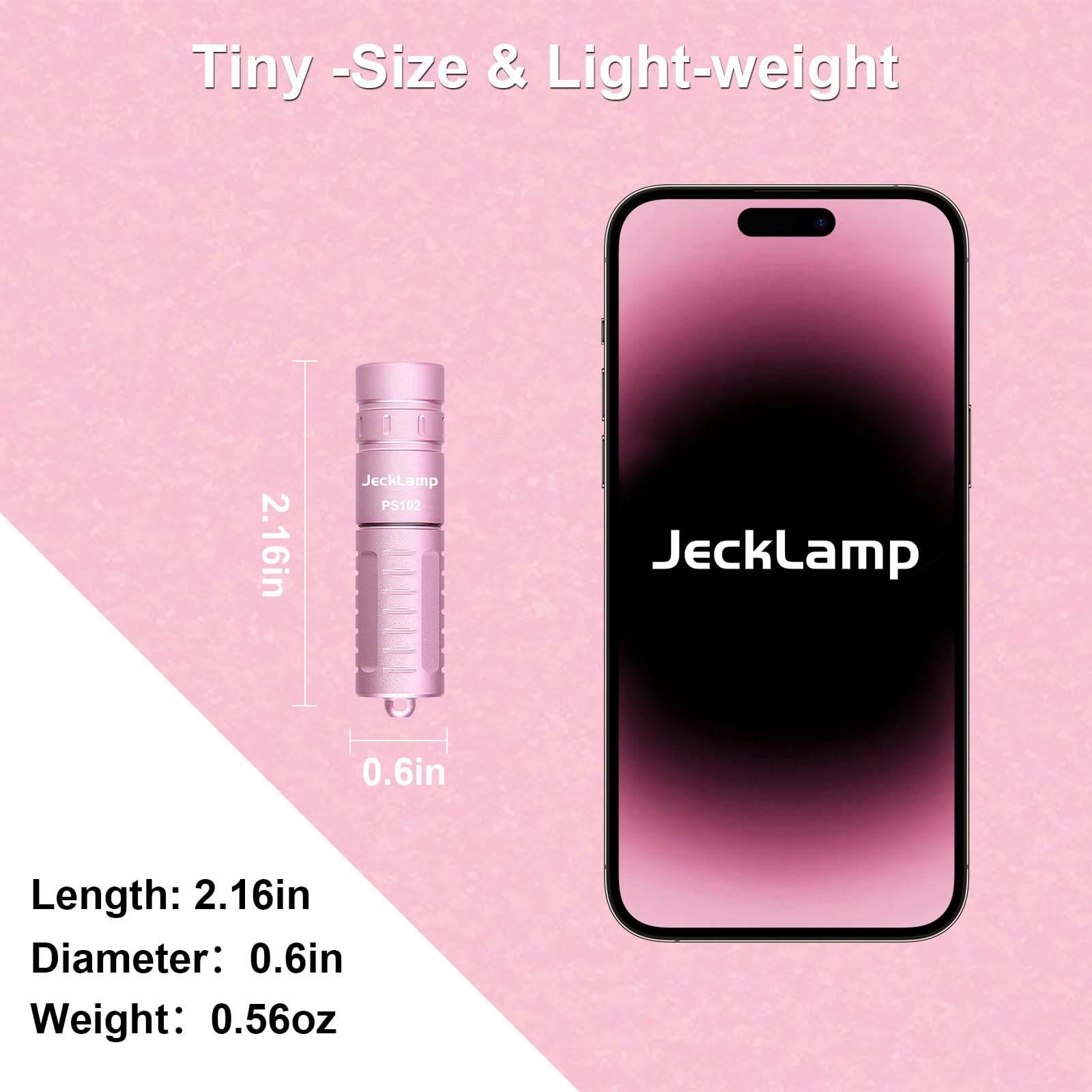 JECKLAMP Rechargeable Keychain Flashlight, 200 Lumens, Aluminum, Model PS102, Pink