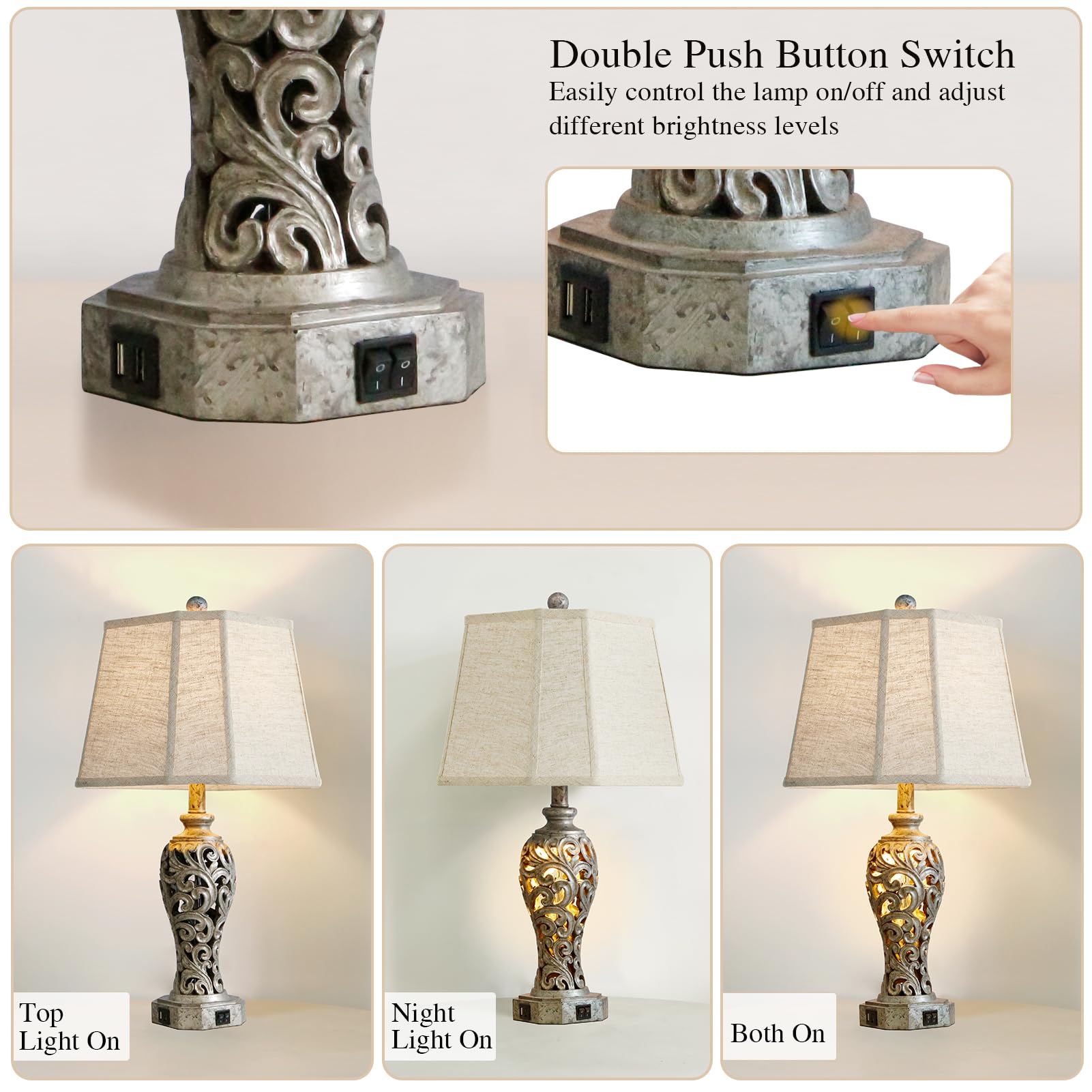 Vintage Table Lamps Set Of 2 For Living Room Bedroom, 2 Usb Ports 25'' Rustic Farmhouse Desk Lamp With Nightlight, Iron Gray Hol
