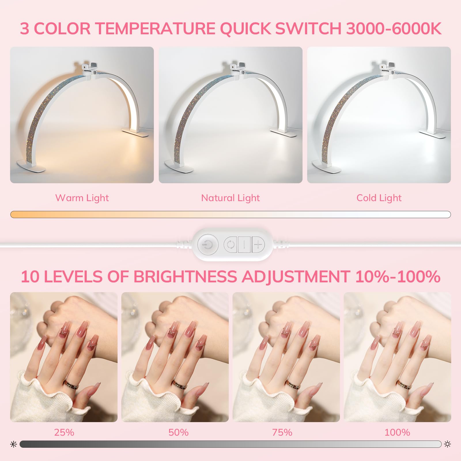 Lavinda Pro Nail Desk Lamp For Nail Techs - 3000-6000K Adjustable Half Moon Light With Phone Holder, 29In Foldable Nail Table Li