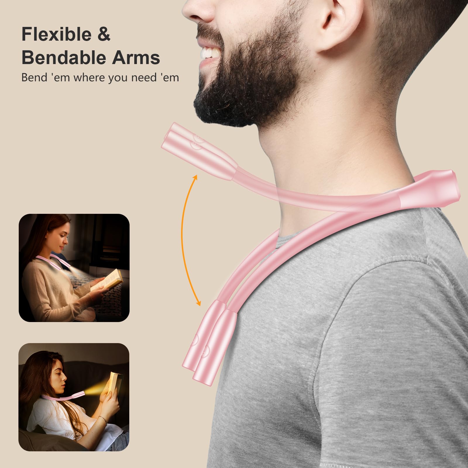 Gritin LED Neck Reading Light - Dimmable, 3 Colors, Lightweight, Pink, Model G1337, 80+ Hrs Runtime