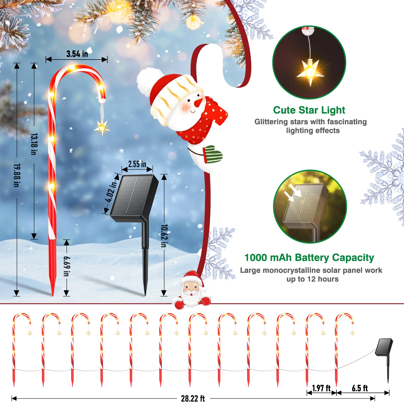 Ahaorigin Solar Candy Cane Lights, 12 Pack, 72 LED, Waterproof, Red and White, 10 Modes, Model SZ-C002