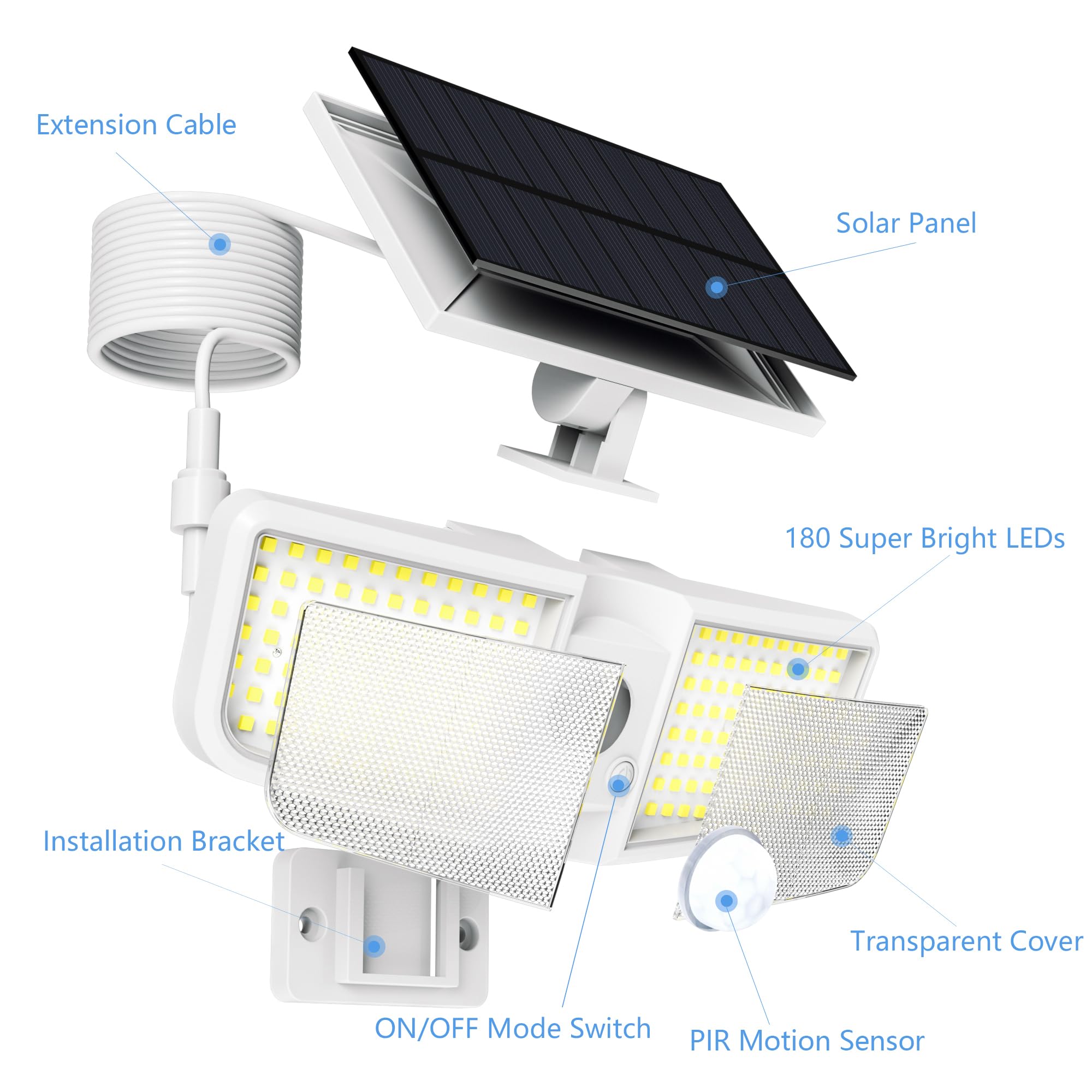 Cozeet Solar Motion Sensor Floodlight 6500K, 180 LED, Waterproof, IP65, White, 1-PCS, Model COZEET-LB-WHITE-1PCS