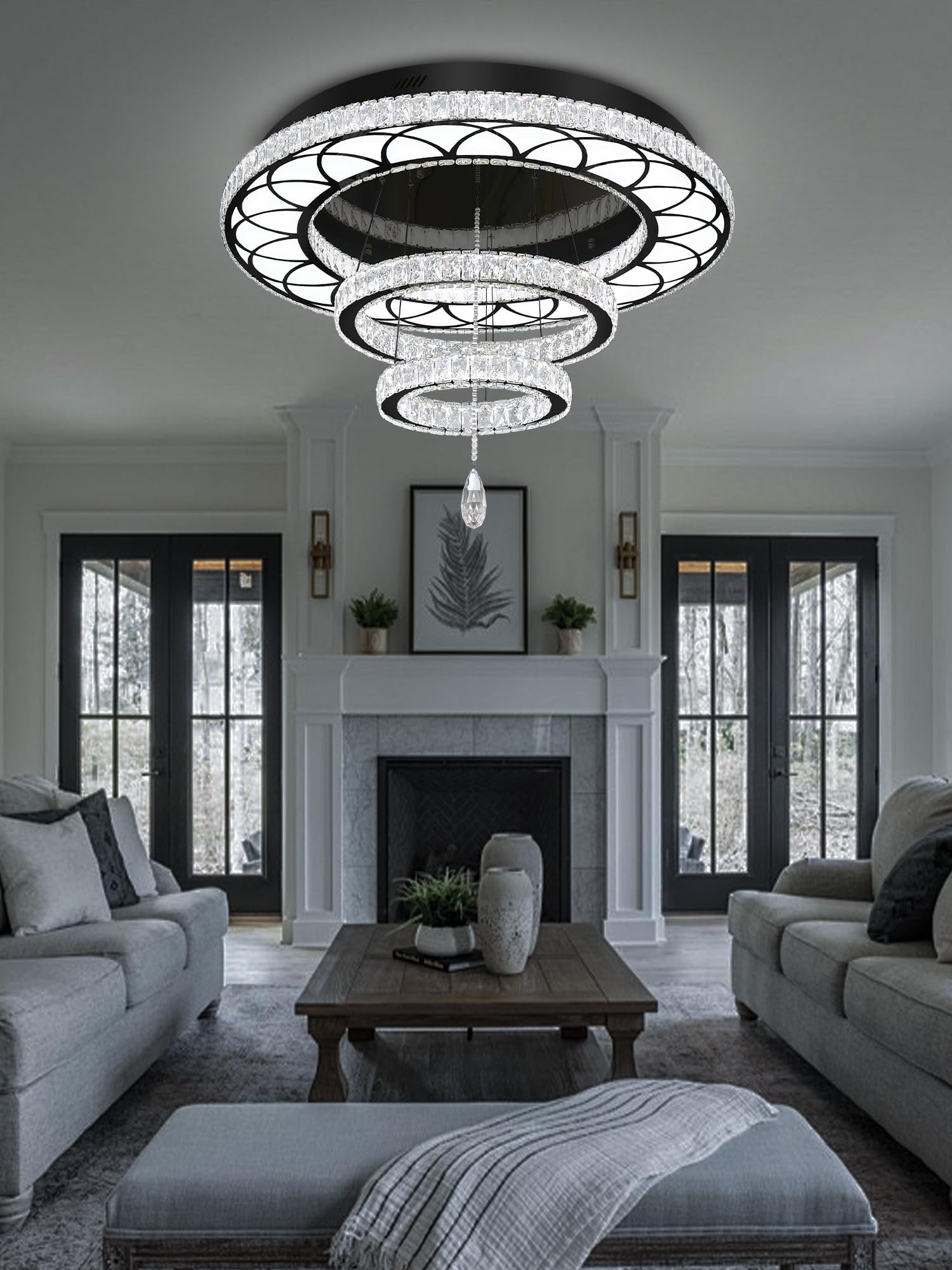 Flashing God 32" Modern Crystal Chandelier LED Flush Mount Ceiling Light - Black, Dimmable 2700K/4500K/6000K, Model MMQ0268-80
