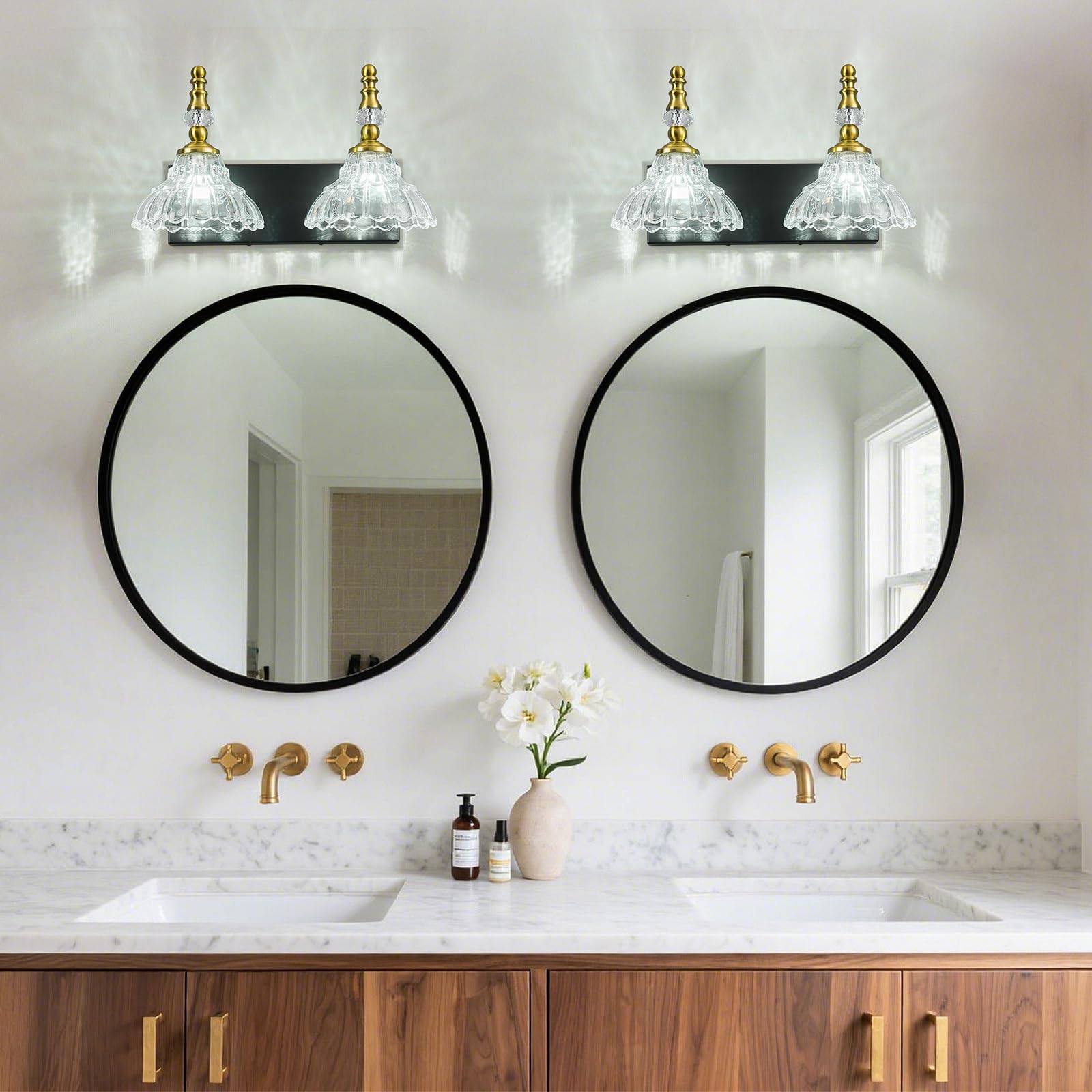 Lbsqj Vintage Bathroom Vanity Light  2-Light Black Gold Vanity Lighting Fixture With Flower Glass Shade  Bathroom Lighting Fixtures Over Mirror