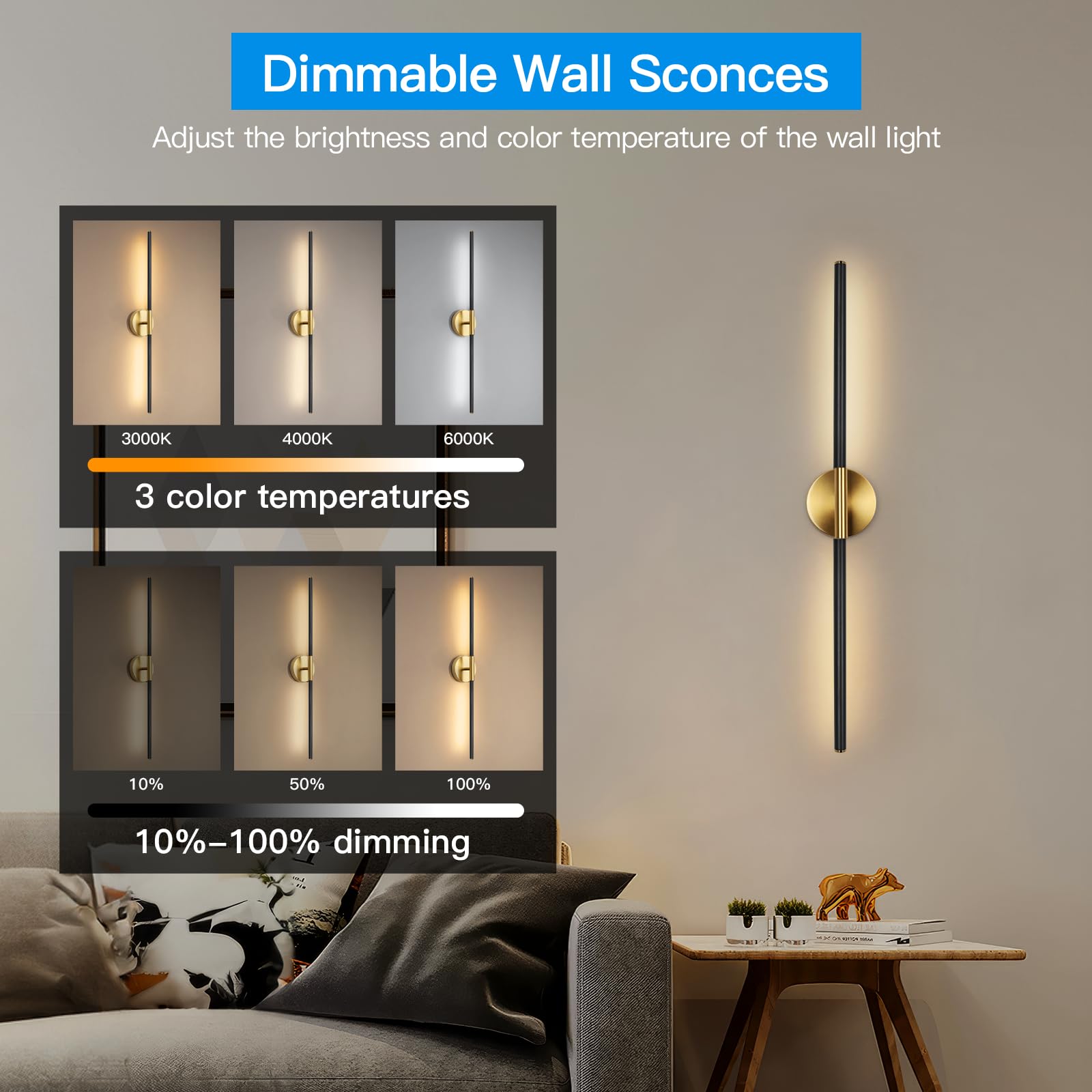 Battery Operated Wall Sconces Set of Two, 360Rotate Wireless Wall Sconces with Remote Control Dimmable Timing, Black Gold Rechar