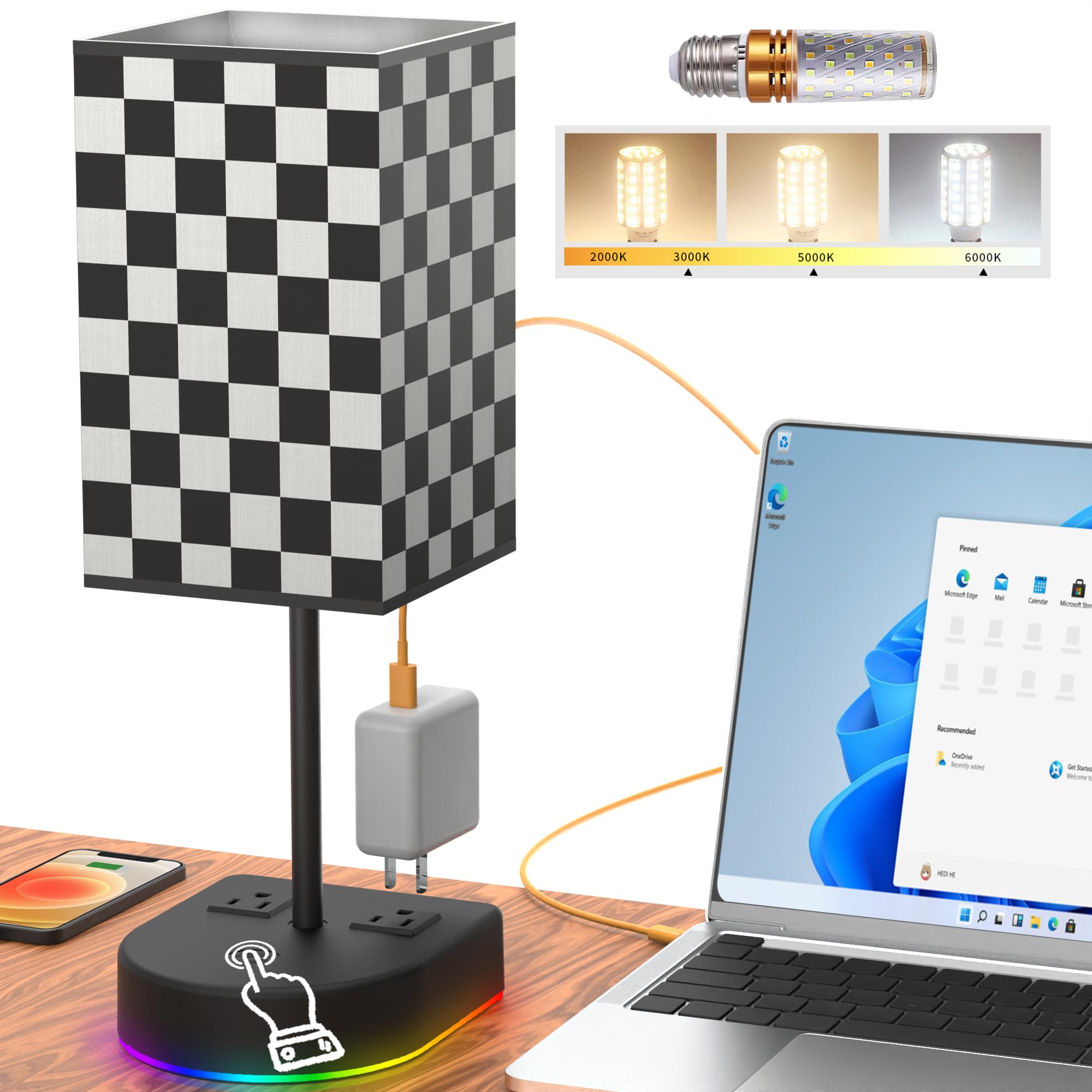 BGMUTCX Touch Control Bedside Table Lamp with 12W LED Light Bulb and Chess Board Fabric Shade,2 AC Outlet, 3 Color Modes,for Bed