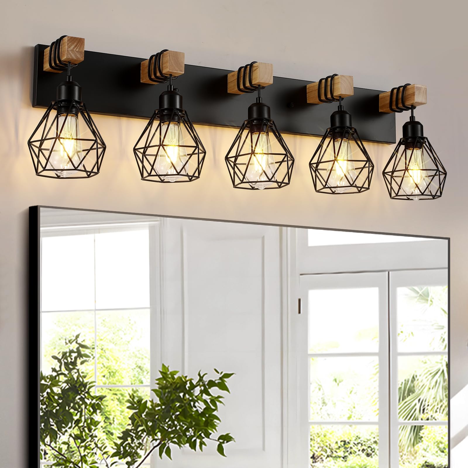 Farmhouse Vanity Light For Bathroom, 5-Light Wood Bathroom Vanity Light Fixtures Over Mirror, Rustic Sconces Wall Lighting With