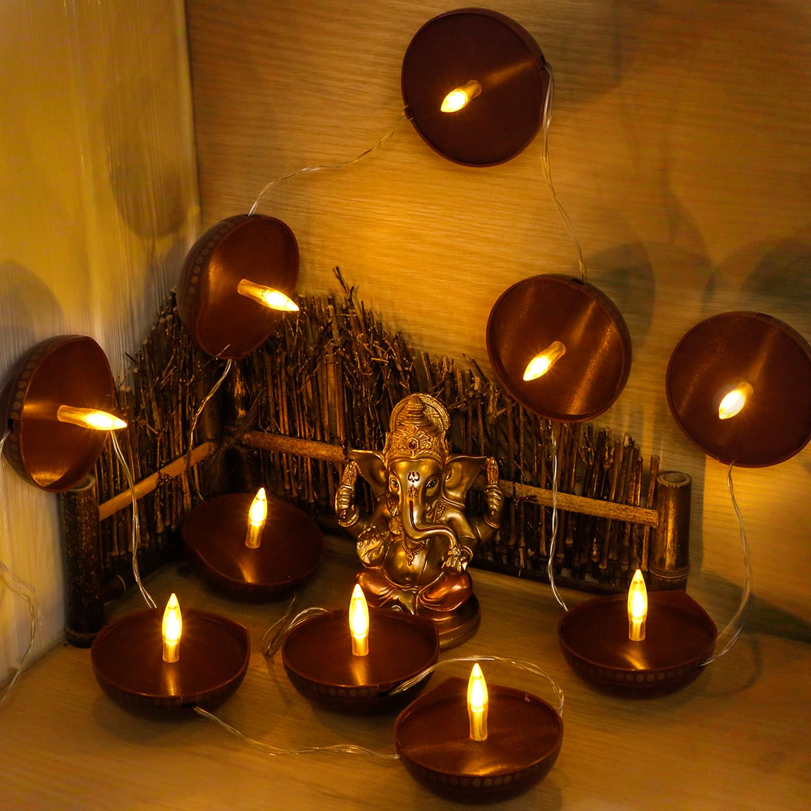 alikiki Diwali Diya String Lights - 10PCS LED Battery Operated Brown Decor for Home, Office, Mandir, Hindu Wedding, Deepawali Gifts