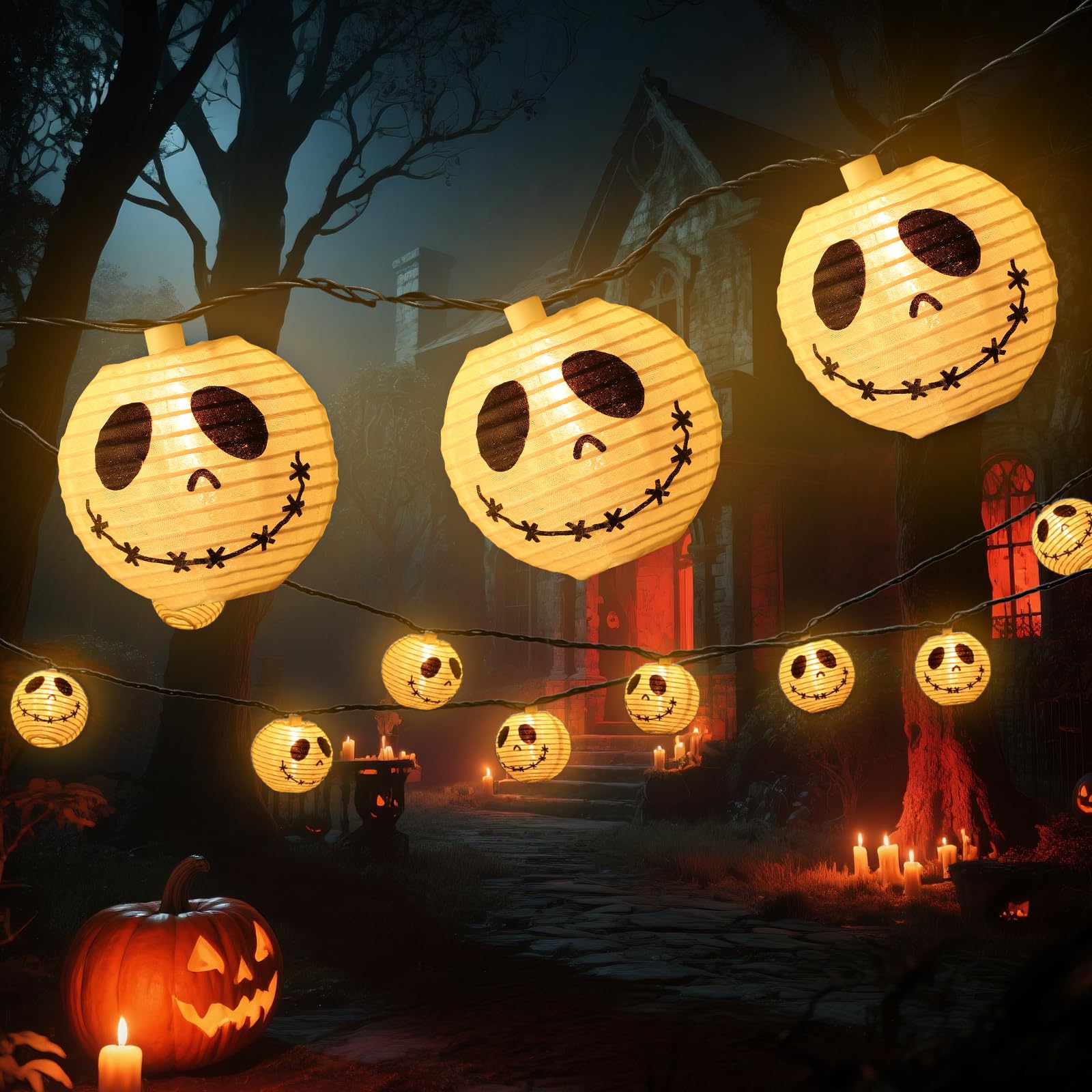 TIGOMOOV Halloween Ghost Jack Skellington Lantern String Lights, Halloween Lanterns String Lights of 10 Pack Festive White Ghost