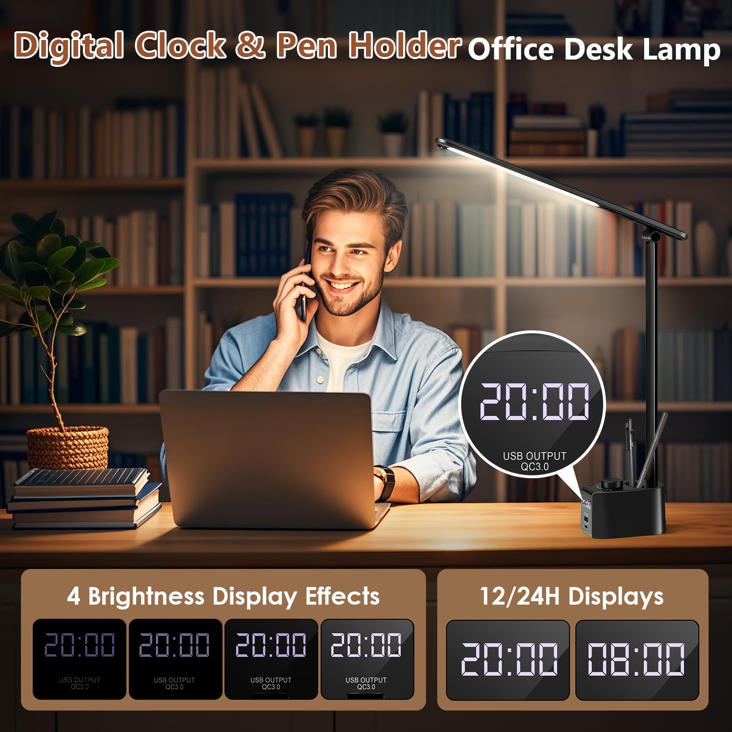 Desk Lamps For Home Office,5 Colors+11 Brightness Led Desk Lamp With Usb Charging Port+Clock+Pen Holder,700 Lumen Led Desk Light Desk Lamps For Office,Small Desk Lamp For Desk Lights For Home Office
