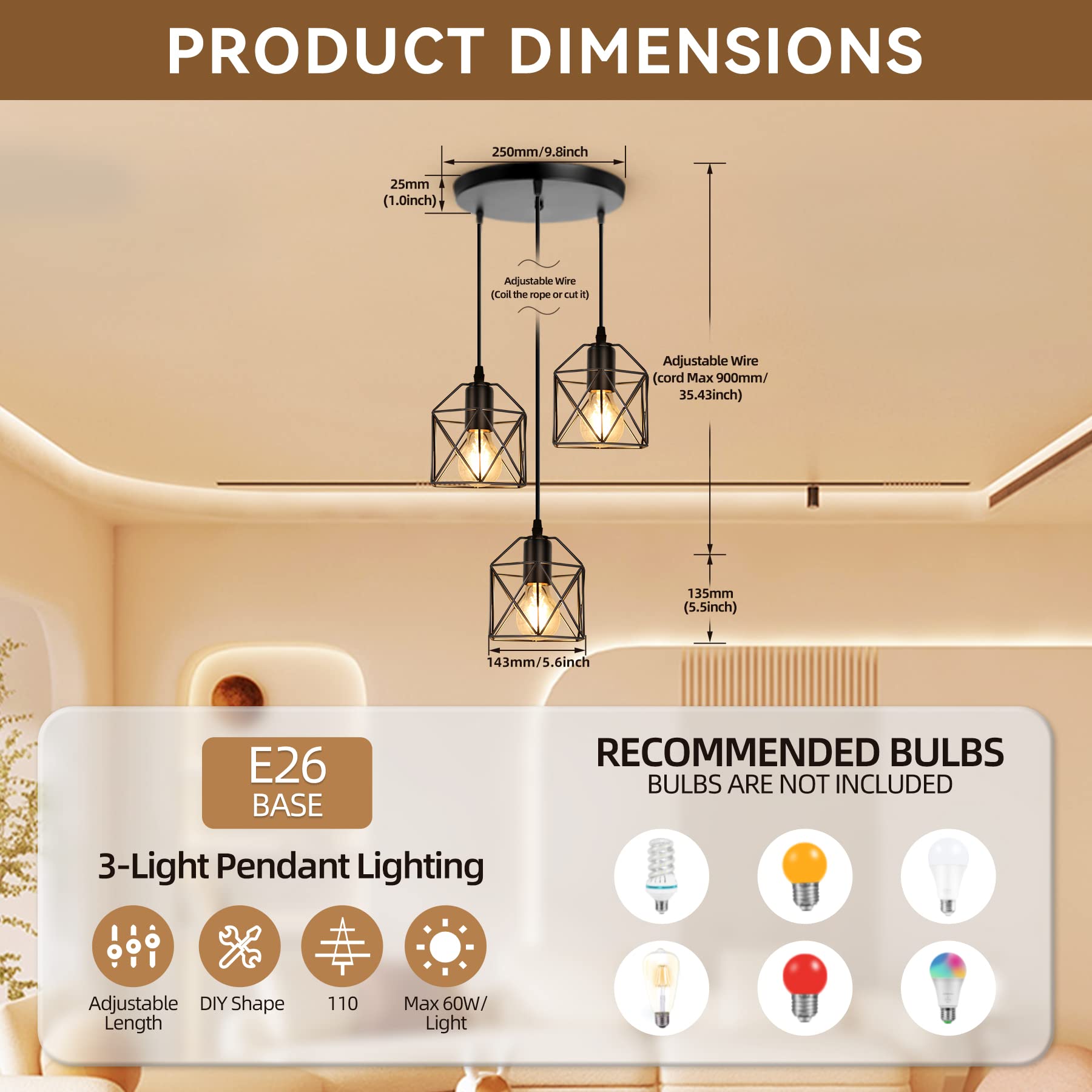 Canmeijia 3-Light Pendant Light Fixtures, Farmhouse Kitchen Island Light Fixture, Industrial Hanging Pendant Lighting For Dining