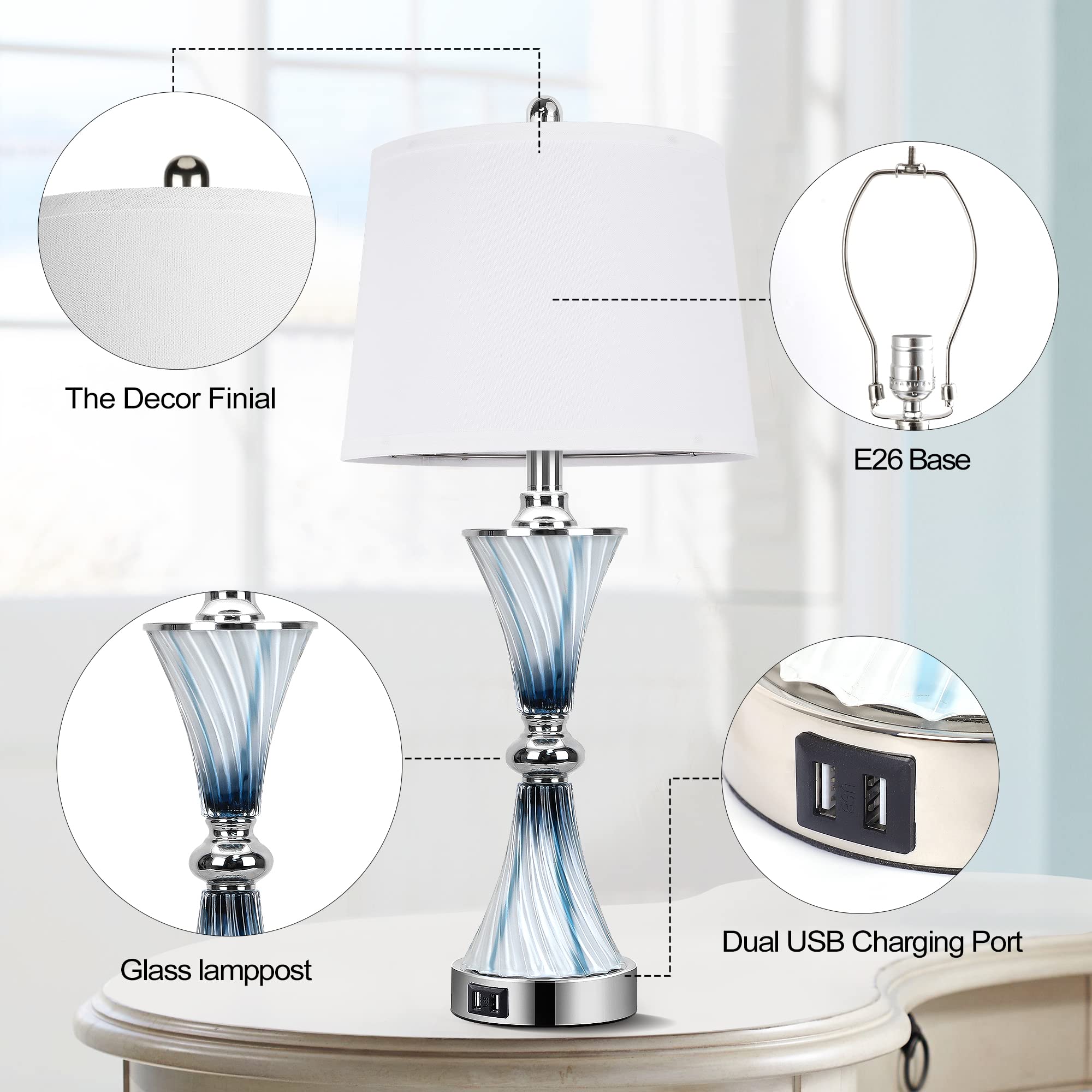Set Of 2 Blue Glass Table Lamps For Bedrooms With 2 Usb Ports 3-Way Dimmable Touch Coastal Bedside Lamps For Contemporary Style