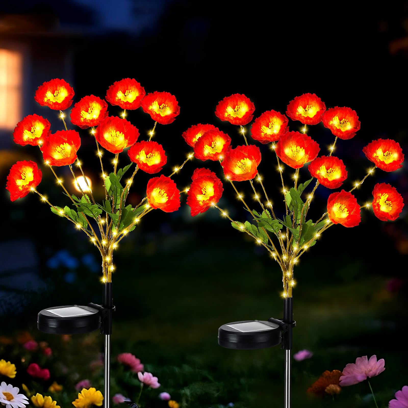 Huquary 2 Pcs Memorial Day Flower Poppy Solar Floral Lights Waterproof with 10 Red Poppy Flower Stake Outdoor Decor Auto On/off 