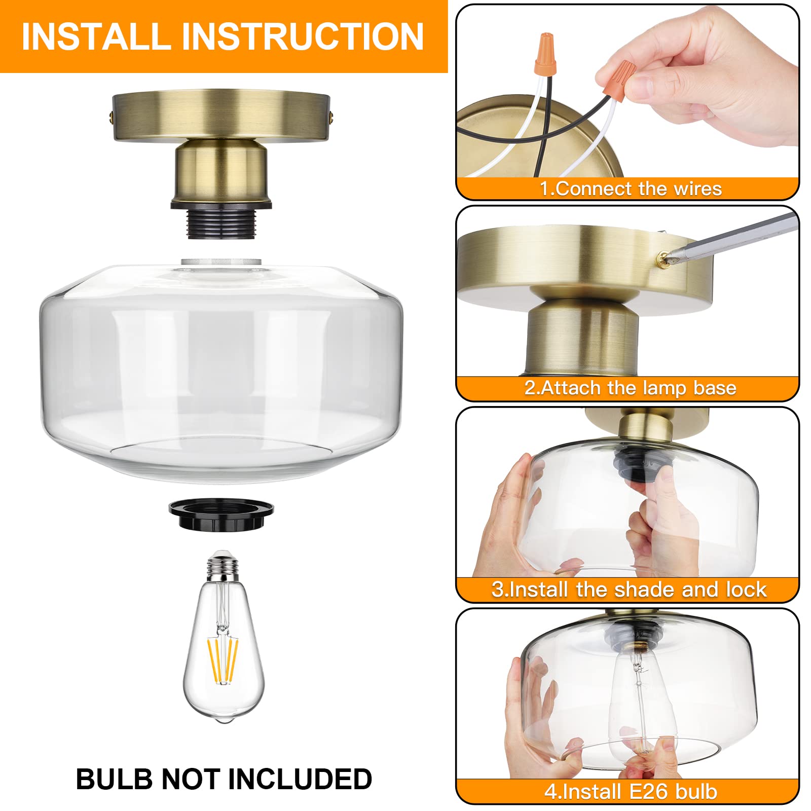 Maxvolador Industrial Semi Flush Mount Ceiling Light Brass, Clear Glass Pendant Lamp Shade, Farmhouse Lighting Hallway, Vintage