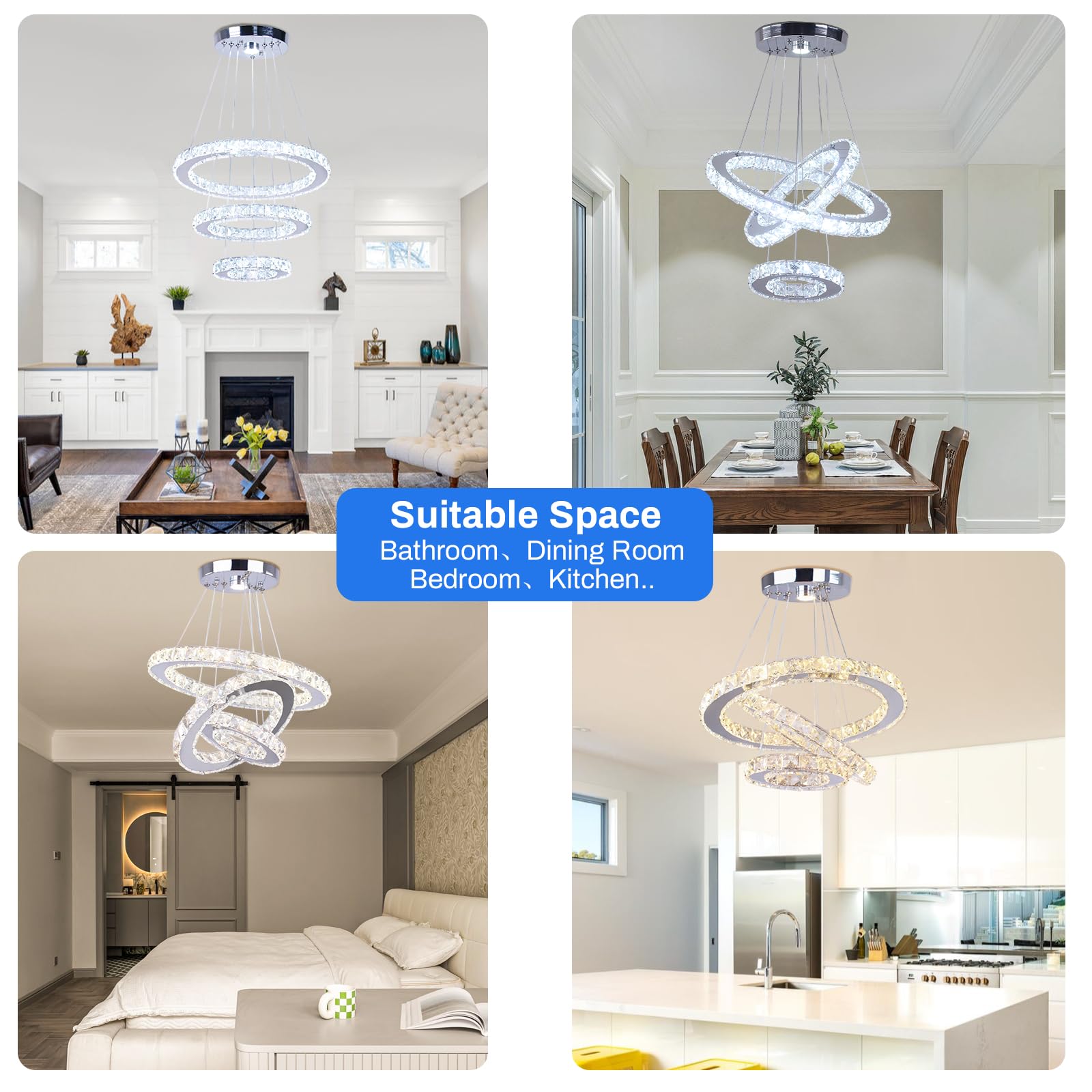 Cainjiazh LED Crystal Chandelier, Dimmable 3-Ring Pendant Light, Adjustable Stainless Steel Fixture for Bedrooms & Living Rooms, Model US-234ROUND-Dimm