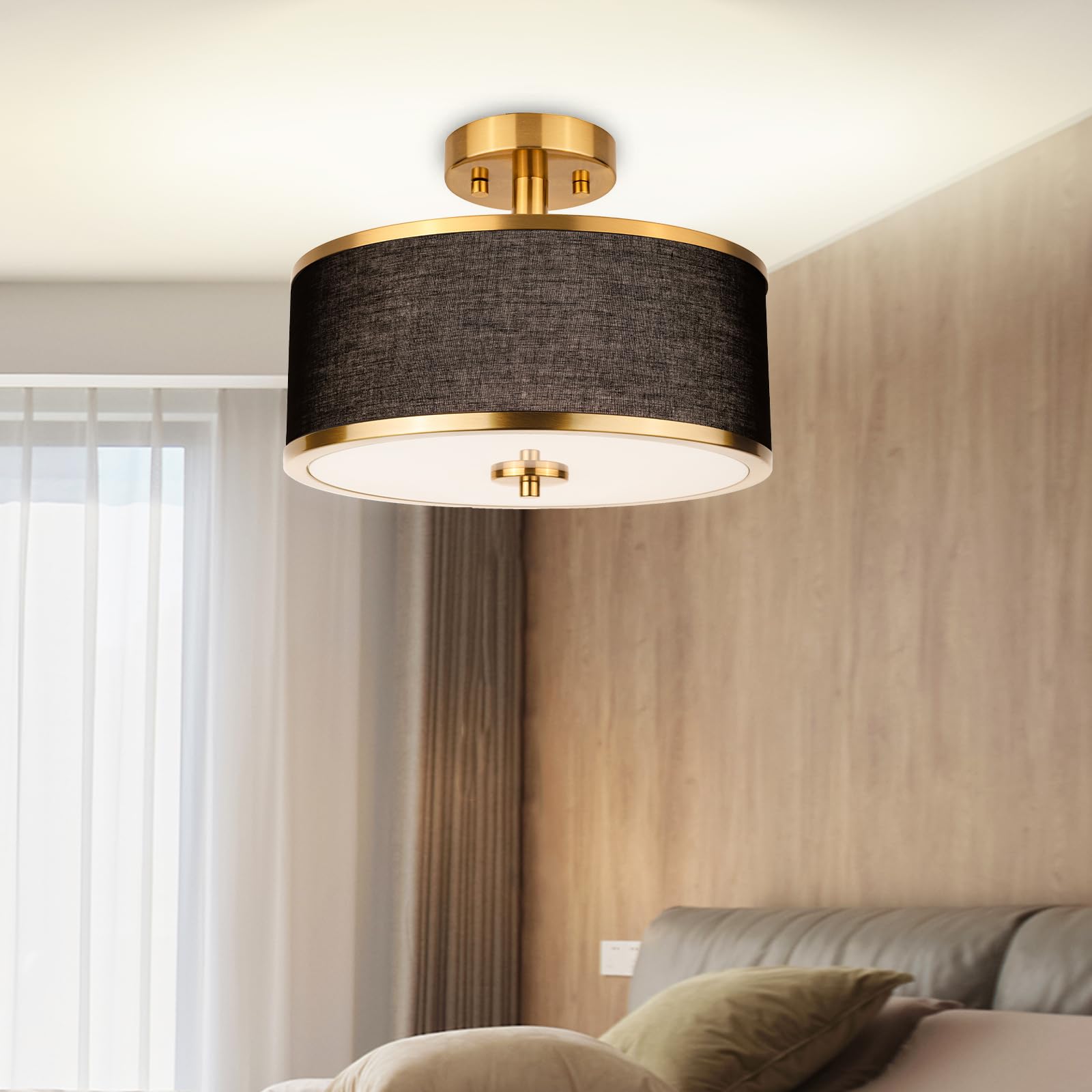 Edwarmlux 3-Light Semi Flush Mount Ceiling Light - 12.6" Brushed Gold & Black Fabric Shade - Modern Fixture for Living Room & Dining Room