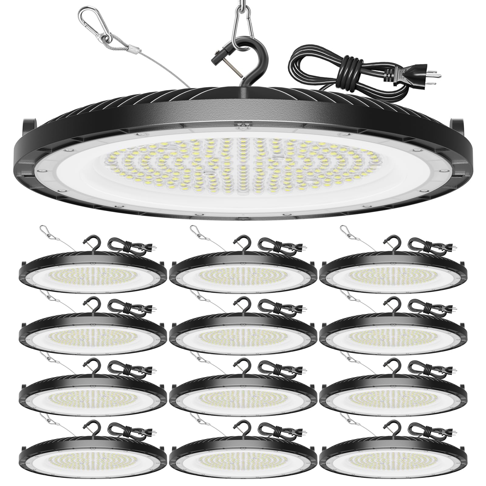 Gugsey 12 Pack High Bay Led Shop Lights - 200W Super Bright Waterproof UFO Led High Bay Light with Plug 5 Cable and Hook Ring  UFO Lights Shop Light for Garage Factory Gym Workshop
