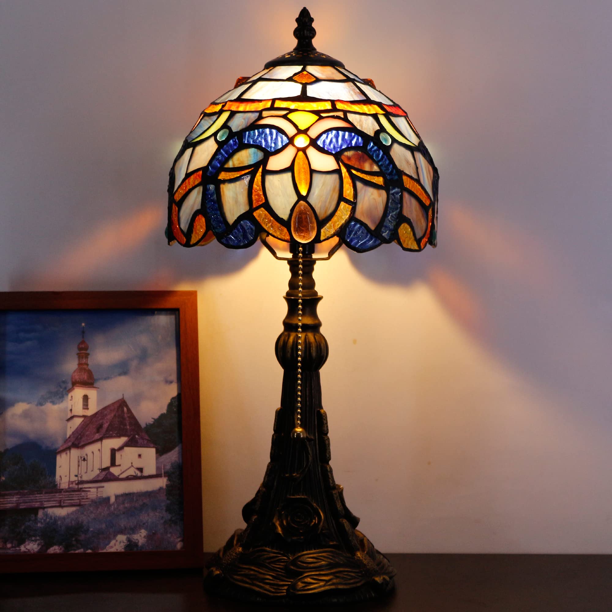 Small Tiffany Lamp Mini Stained Glass Desk Lamp Vintage Table Lamp Tiffany Style Night Light 8X17.5 Inch (Blue Purple Cloudy Sty