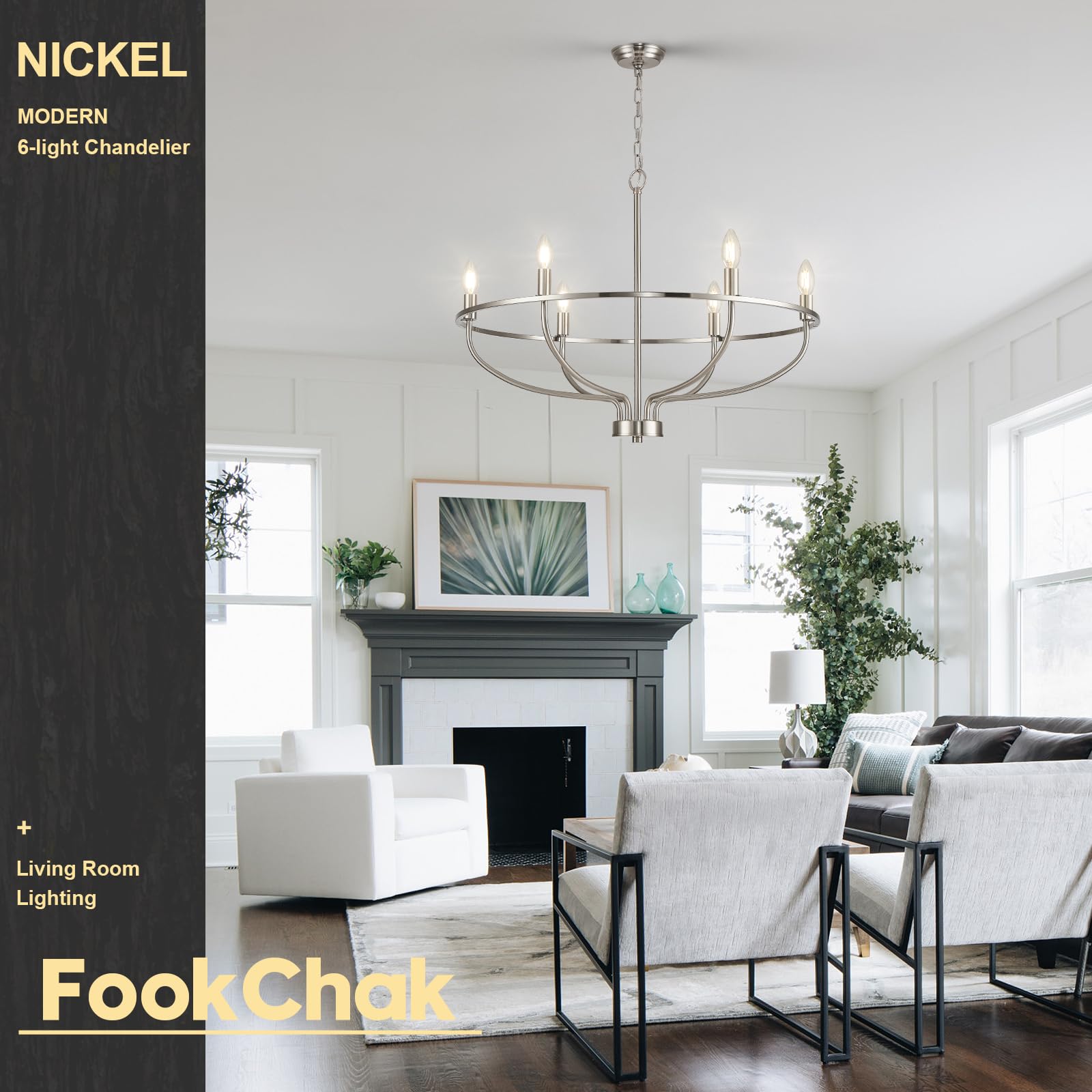 Fookchak Brushed Nickel Chandelier, 6-Light Dining Room Chandelier Chrome Light Fixture Metal Candle Kitchen Chandeliers 28Inch Round Chandeliers With Long Chain For Bedroom Living Room