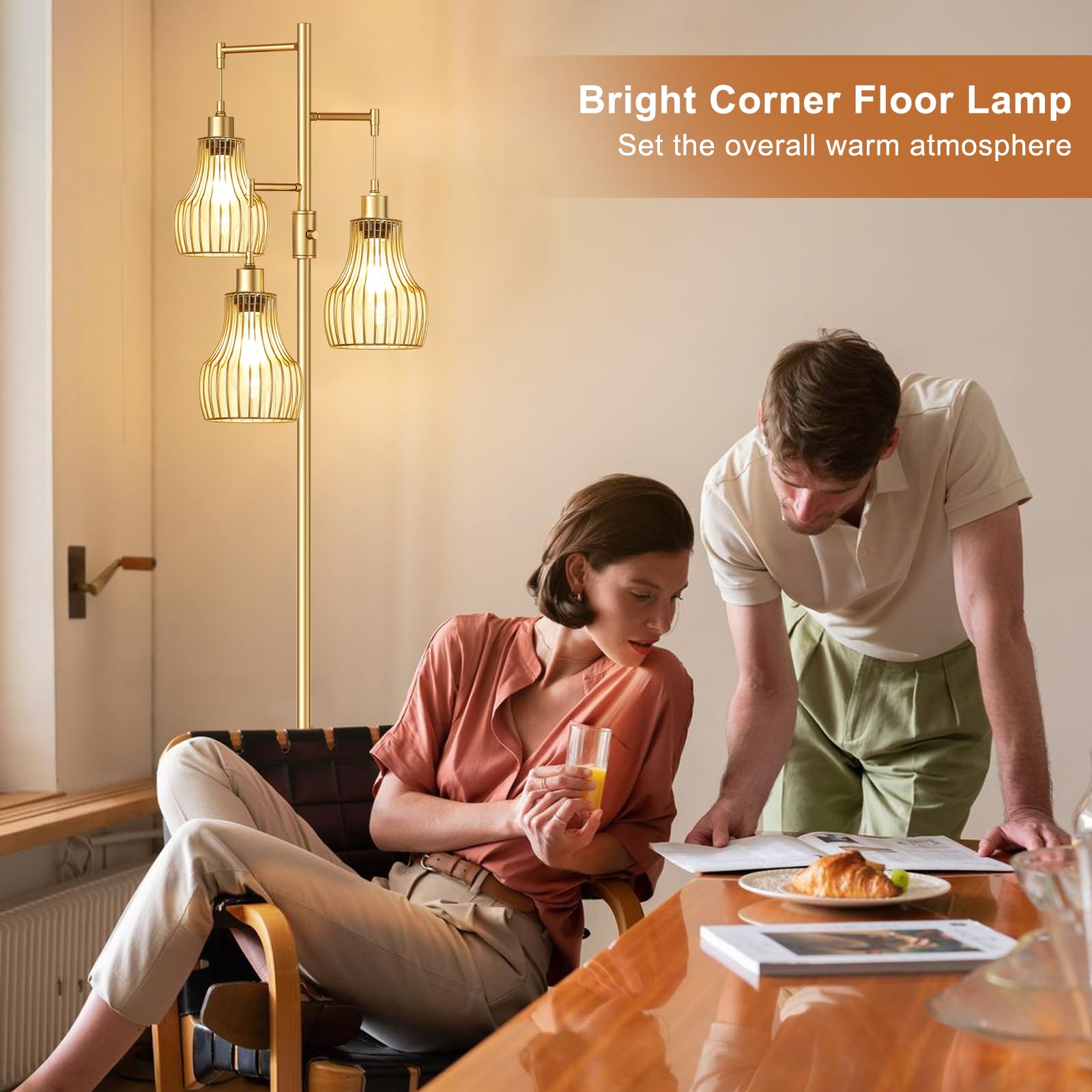 Ziisee Dimmable Gold Floor Lamps For Living Room, Industrial Tree Standing Tall Lamps With 3 Elegant Cage Shade & 800 Lumens Led