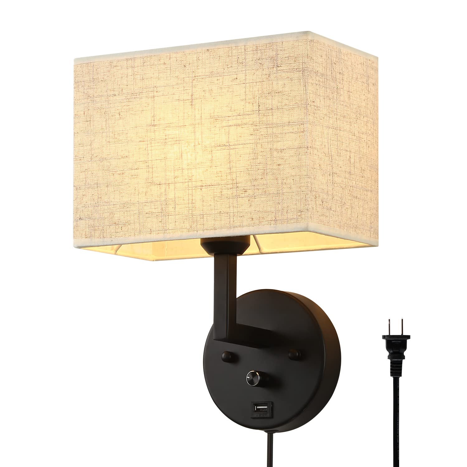 PULLCU Plug in Wall Sconce with Dimmer Switch and USB Port,9.5Rectangular Linen Fabric Shade,Bedside Wall Lamp Matte Black Finis