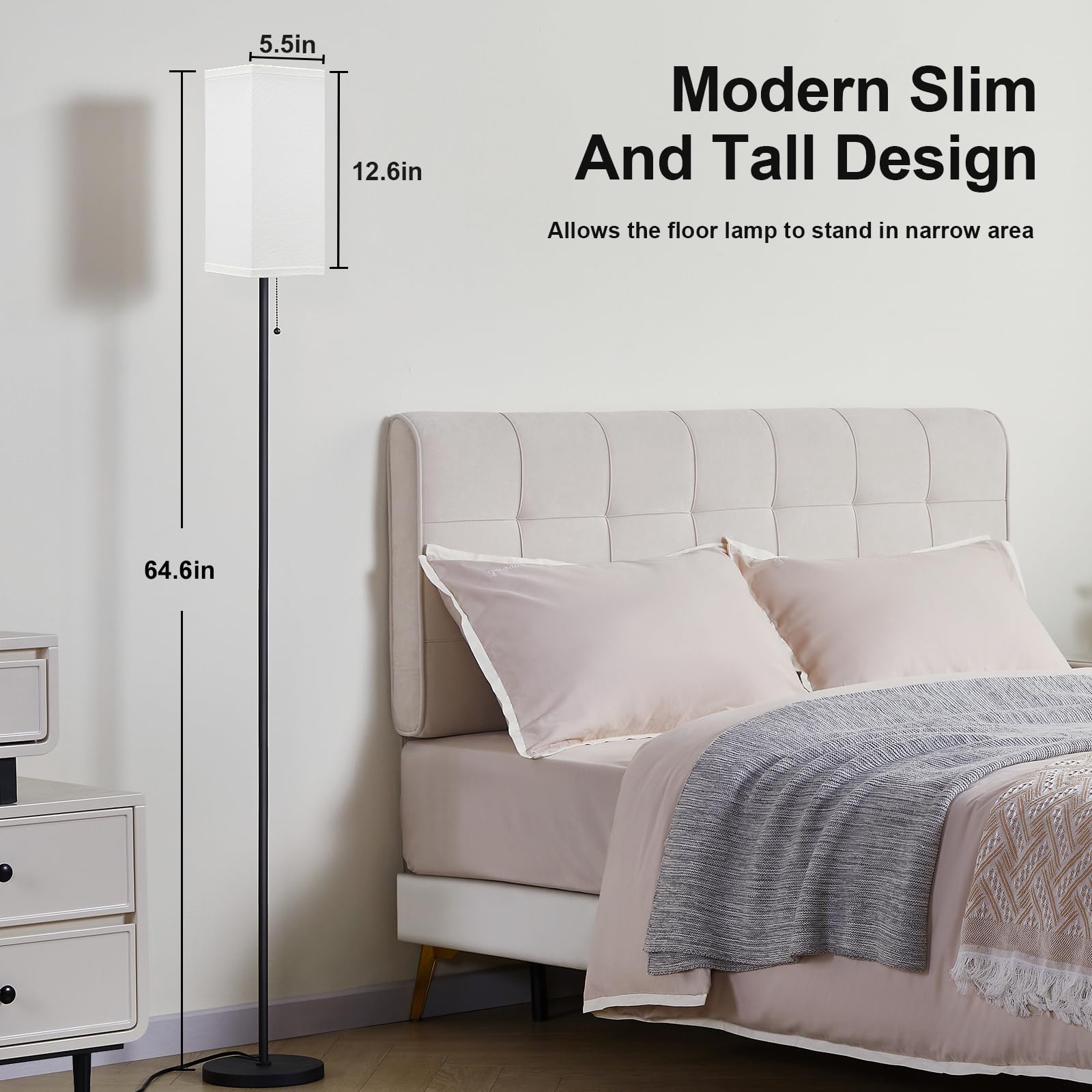 Ziisee Floor Lamps For Living Room Modern - 3 Color Temperature Black Standing Lamps With Pull Chain Switch, Tall Lamp For Offic