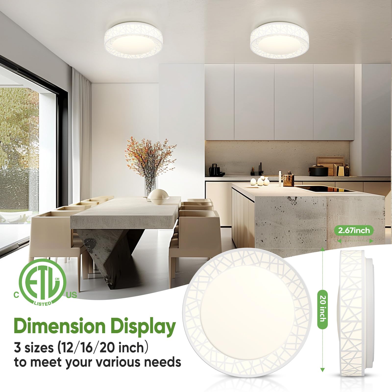 Lightania 20 Inch Flush Mount Ceiling Light, Modern White Led Ceiling Light Fixture, 42W 4000Lm 2700-6500K Adjustable, Dimmable