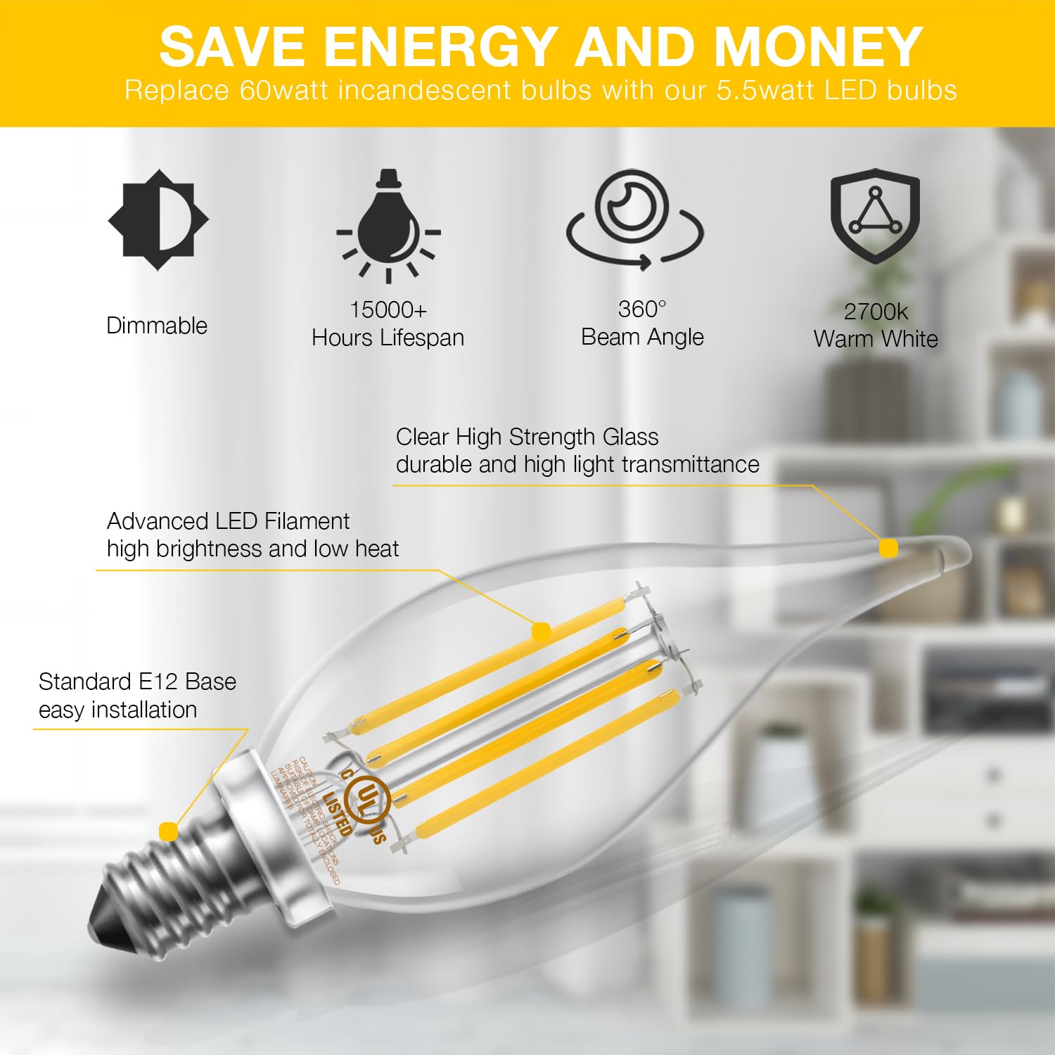 DAYBETTER Candelabra Light Bulbs, 60W Equivalent Dimmable E12 LED, 2700K Warm White, 5.5W, 600LM, Flame Tip,