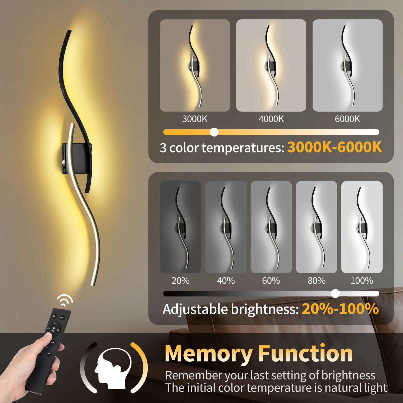 LUMLLSAJI Battery Operated Wall Sconces Set of 2, Dimmable 3000K-6000K, Metal, Black, Remote Control, Model 1