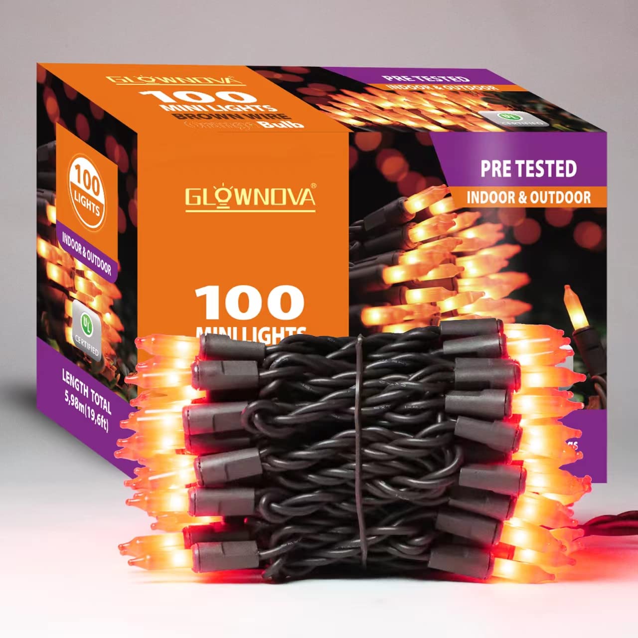Glownova Brown Wire,Orange,Incandescent Bulb 100 Mini String Lights For Indoor Halloween Tree Home Party Festival Decoration