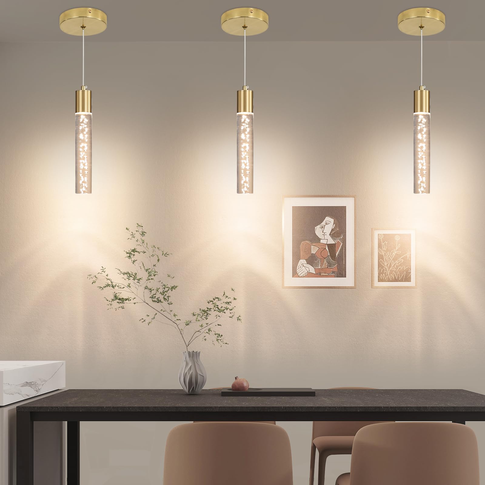 3 Pack Modern Kitchen Island Hanging Light  Gold Led Pendant Lights Fixture  Bubble Acrylic  3 Color Temperatures  Mini Ceiling Chandelier Lighting For Dining Room  Bedroom  Foyer Entrance  Cafe Bar