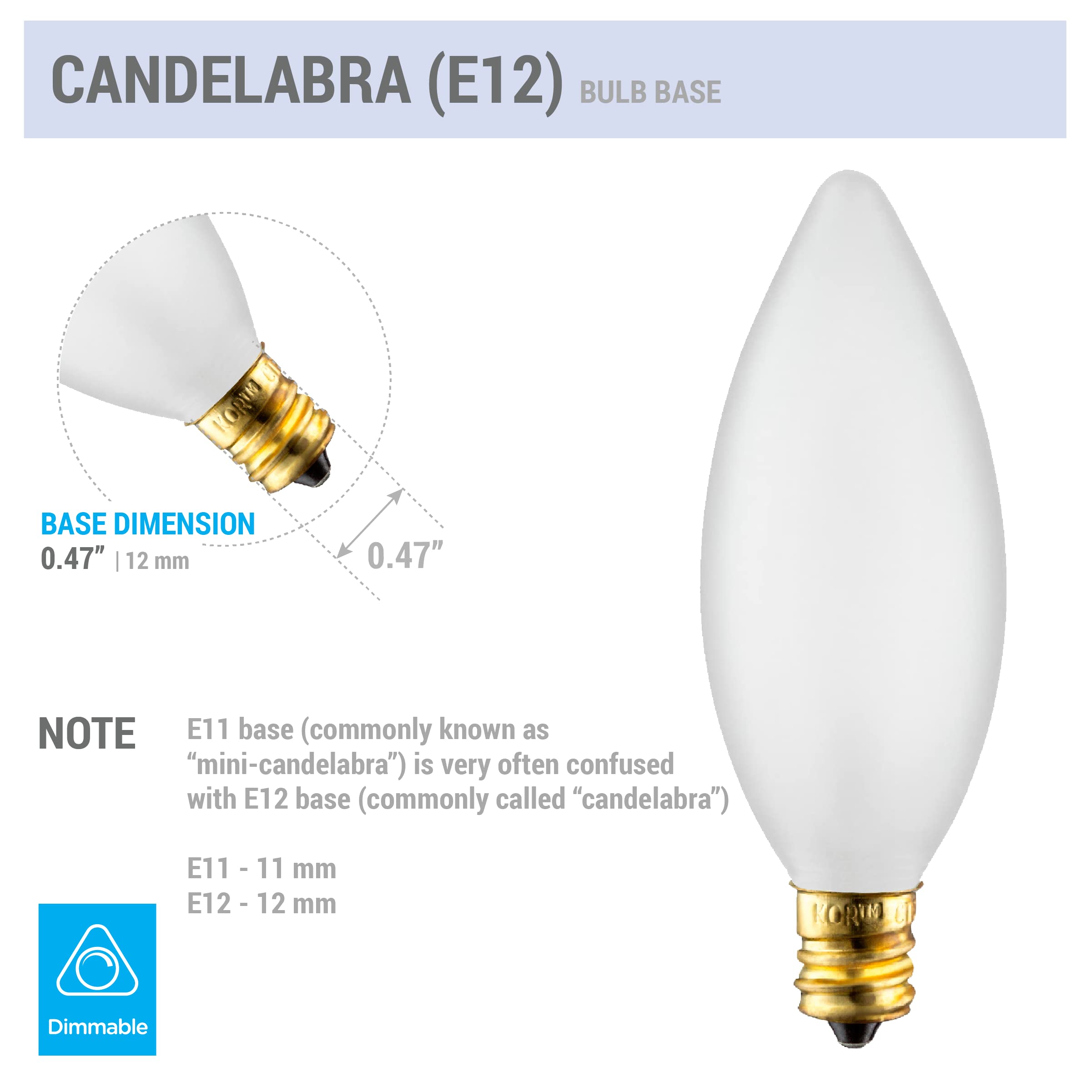 Kor (Pack Of 12) 25 Watt Frosted Candelabra Base (E12) Torpedo Tip 120V Chandelier Bulbs