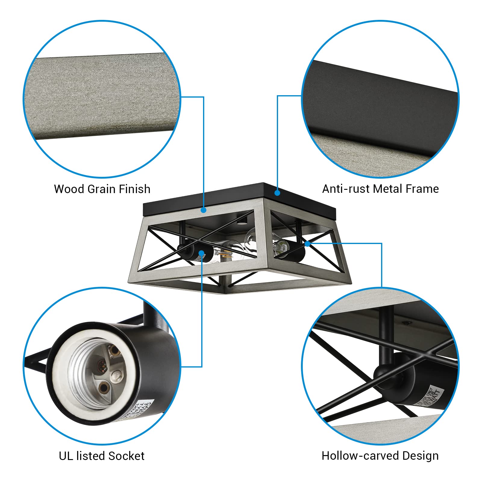 DEWENWILS Industrial Flush Mount Ceiling Light Fixture, Metal, 2-Lights, Silver Grey, Model HFCL02D