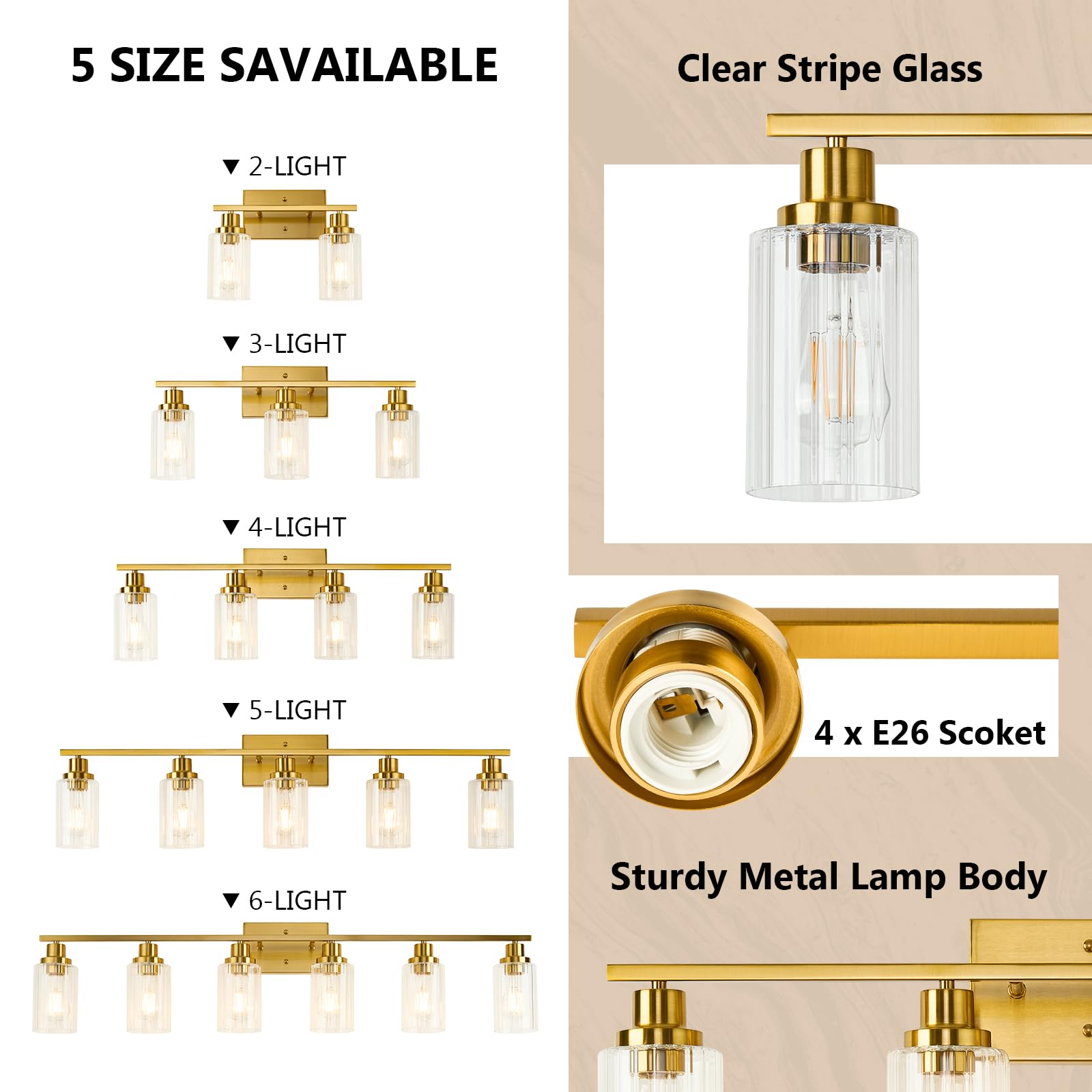 Jonsi 4-Light Brushed Gold Bathroom Vanity Light Fixture with Glass Shades, 31.1 Inch, E26 Wall Sconces for Bathroom, Living Room, Hallway